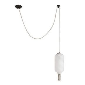 A modern take on a traditional Asian lantern, this shade of opal swirl glass is suspended by hand braided white leather at the top and tasseled at the bottom.