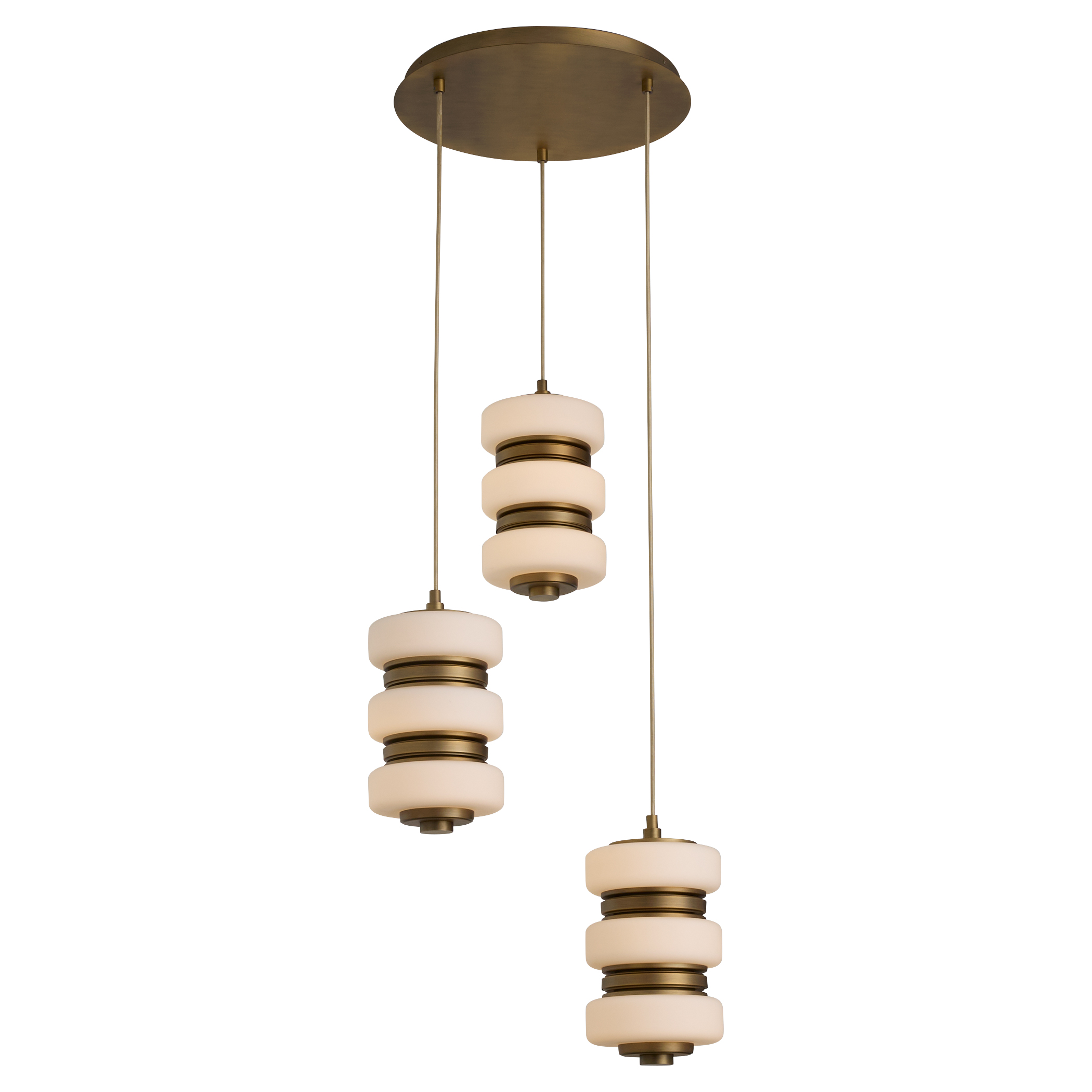 Favo blends Japanese architecture and Art Deco influence for a stately presence. Satin opal glass softens integrated LED light, while brushed brass adds warm sophistication.