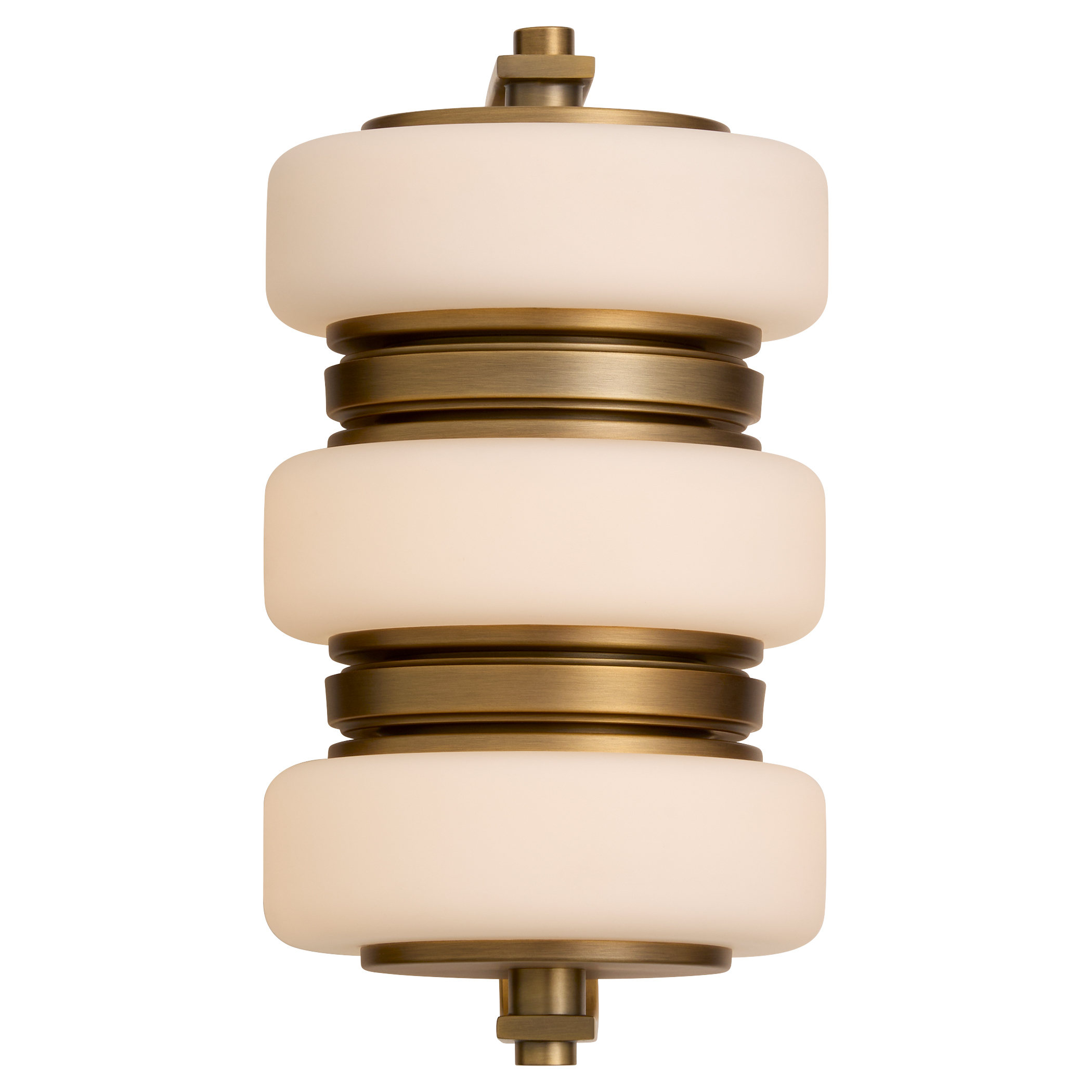 Favo blends Japanese architecture and Art Deco influence for a stately presence. Satin opal glass softens integrated LED light, while brushed brass adds warm sophistication.
