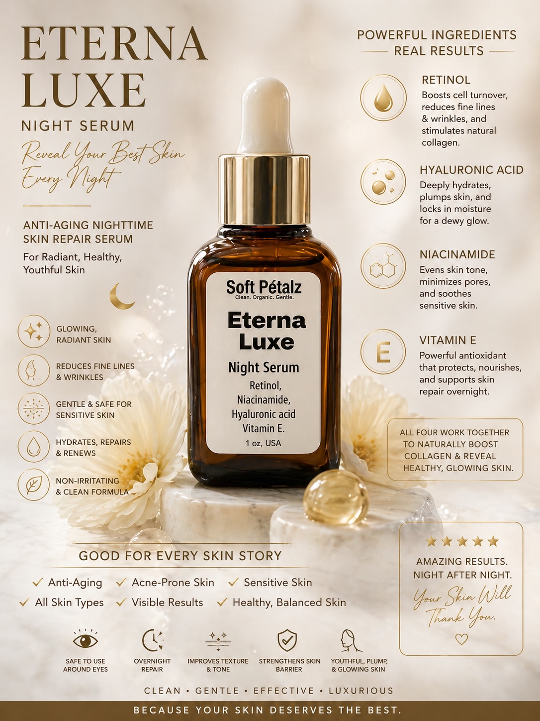 Eterna Luxe Night Serum is an advanced overnight skin-repair treatment created to visibly smooth fine lines, refine open pores, fade hyperpigmentation, and restore youthful elasticity.