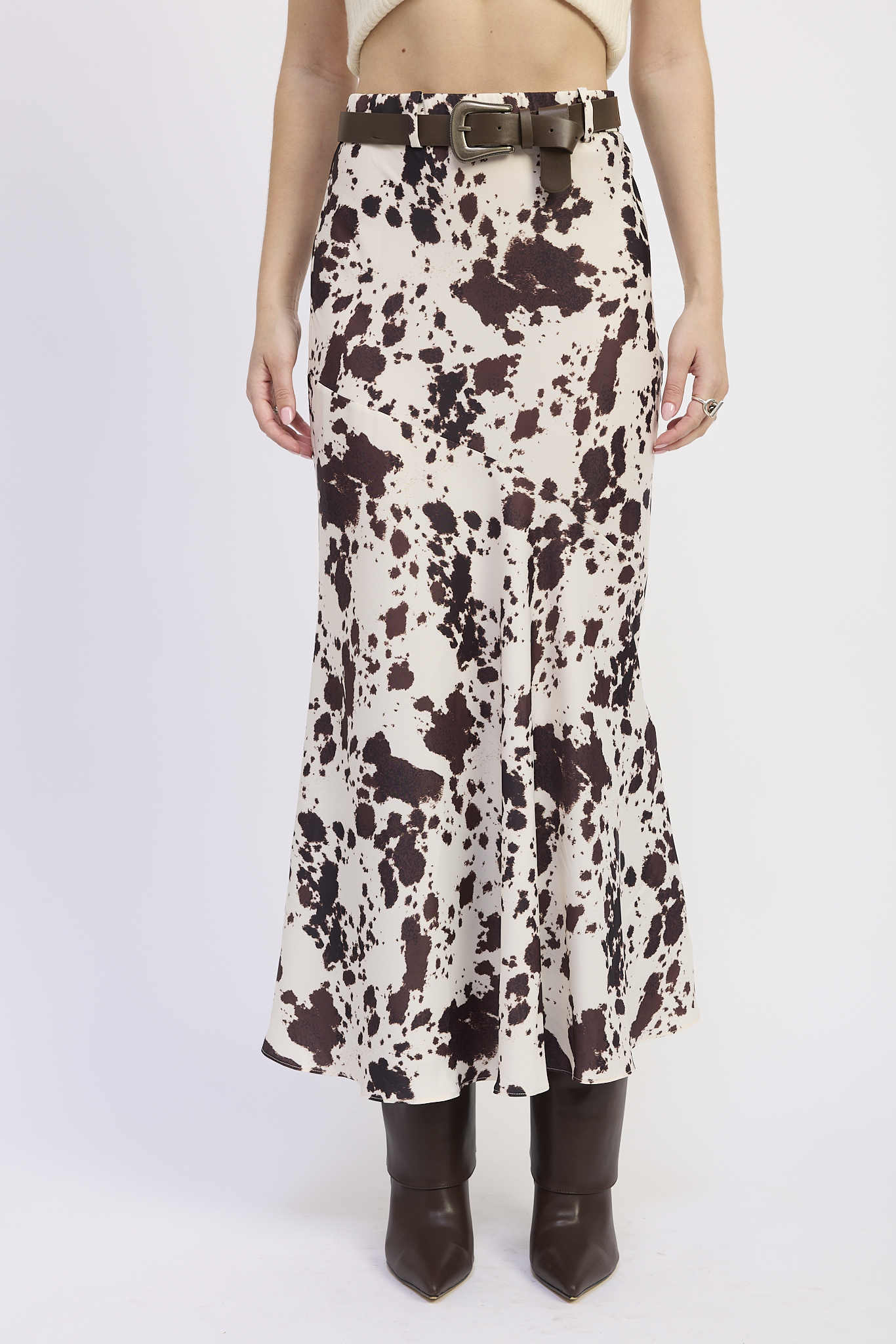 Cow print maxi skirt with belt