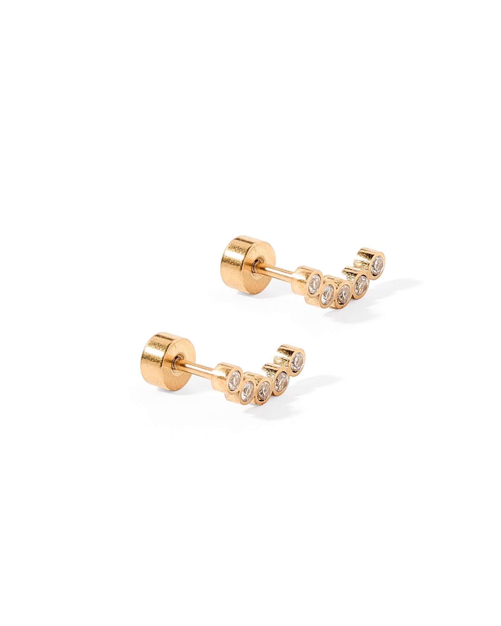 Sparkling screwback stud earrings with a timeless arch design. Waterproof, hypoallergenic, tarnish-resistant, and made for comfortable everyday wear.