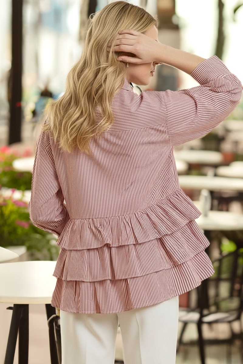 Romantic ruffle detailed striped blouse