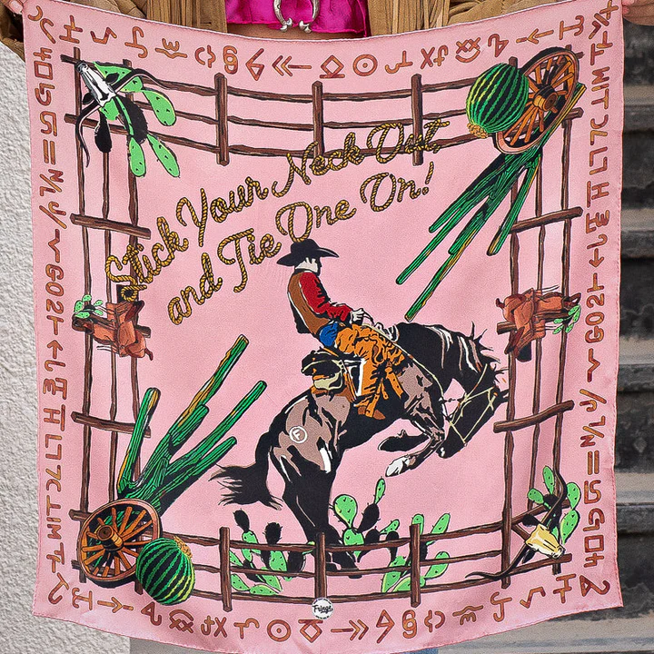 Silk scarf featuring a retro rodeo cowboy design as well as Fringe's tagline. Available in Red, Mint, Pink, Aqua,  and Slate Blue.