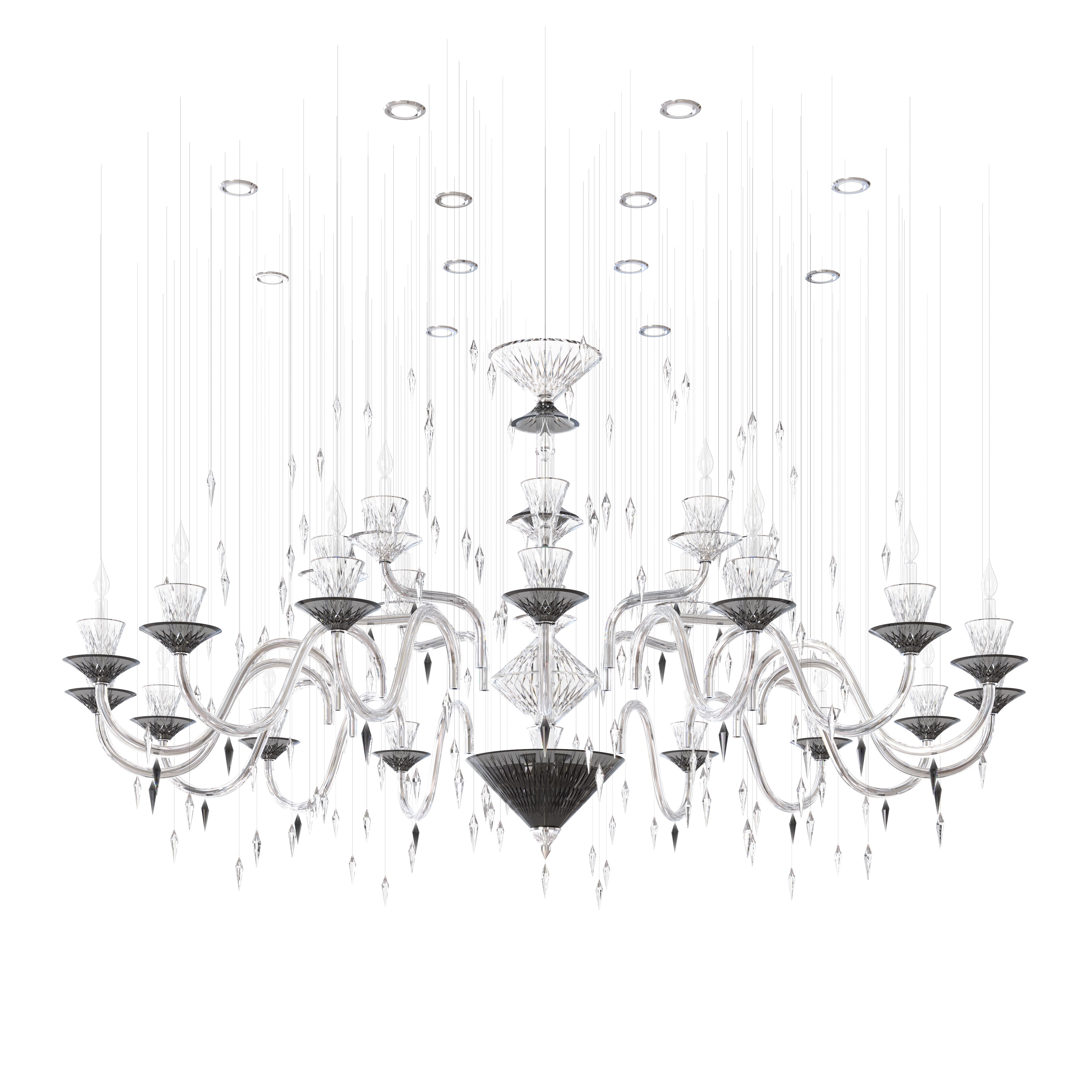 ILLUSION  635/16 + 8 ARMS + CS/03/12 GU10  Color: crystal/smoke Diameter: 2100 mm (82,68 in) Height: 1200 mm (47,24 in) Weight: 40 Kg Light source: 12 x GU10