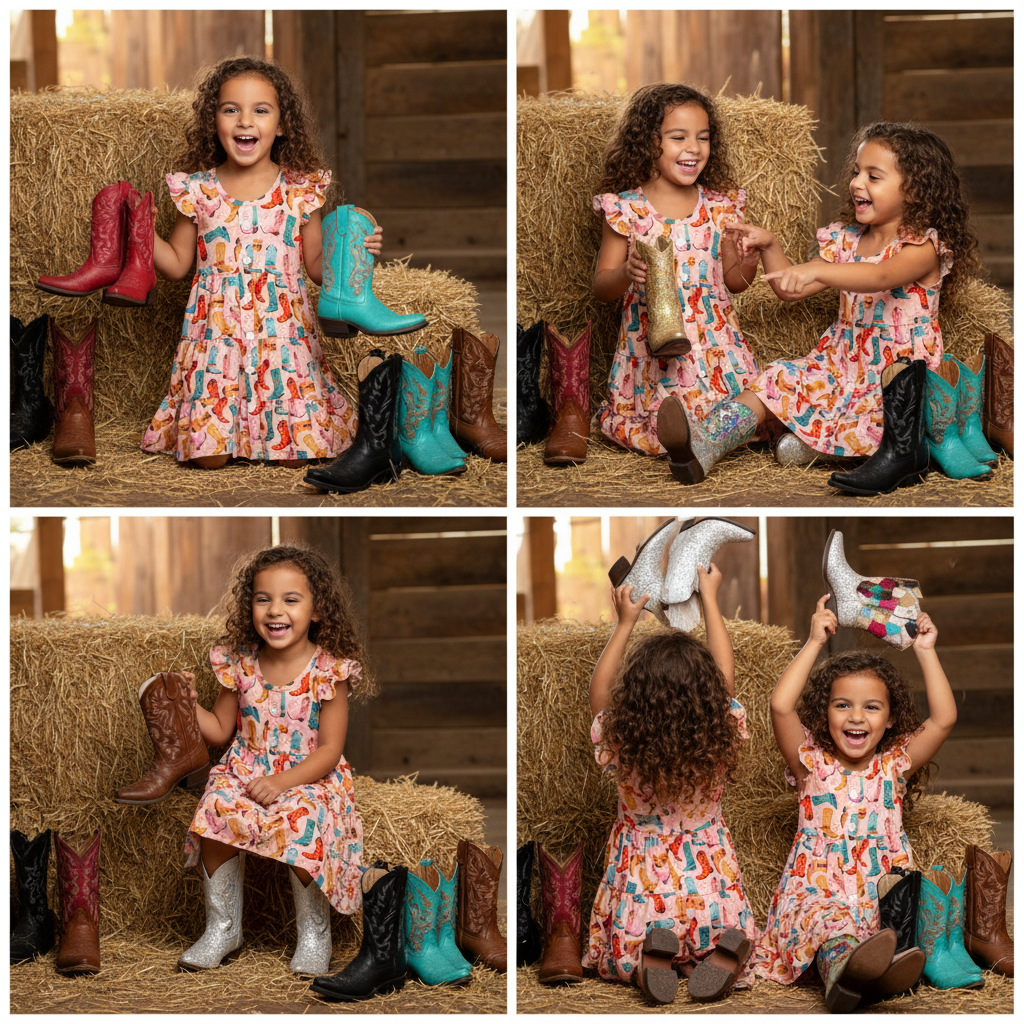 Bring Western charm to her wardrobe with a dress made for twirling and play. This 3-Tier Ruffle Boots Dress features delightful boot prints on soft light pink fabric.