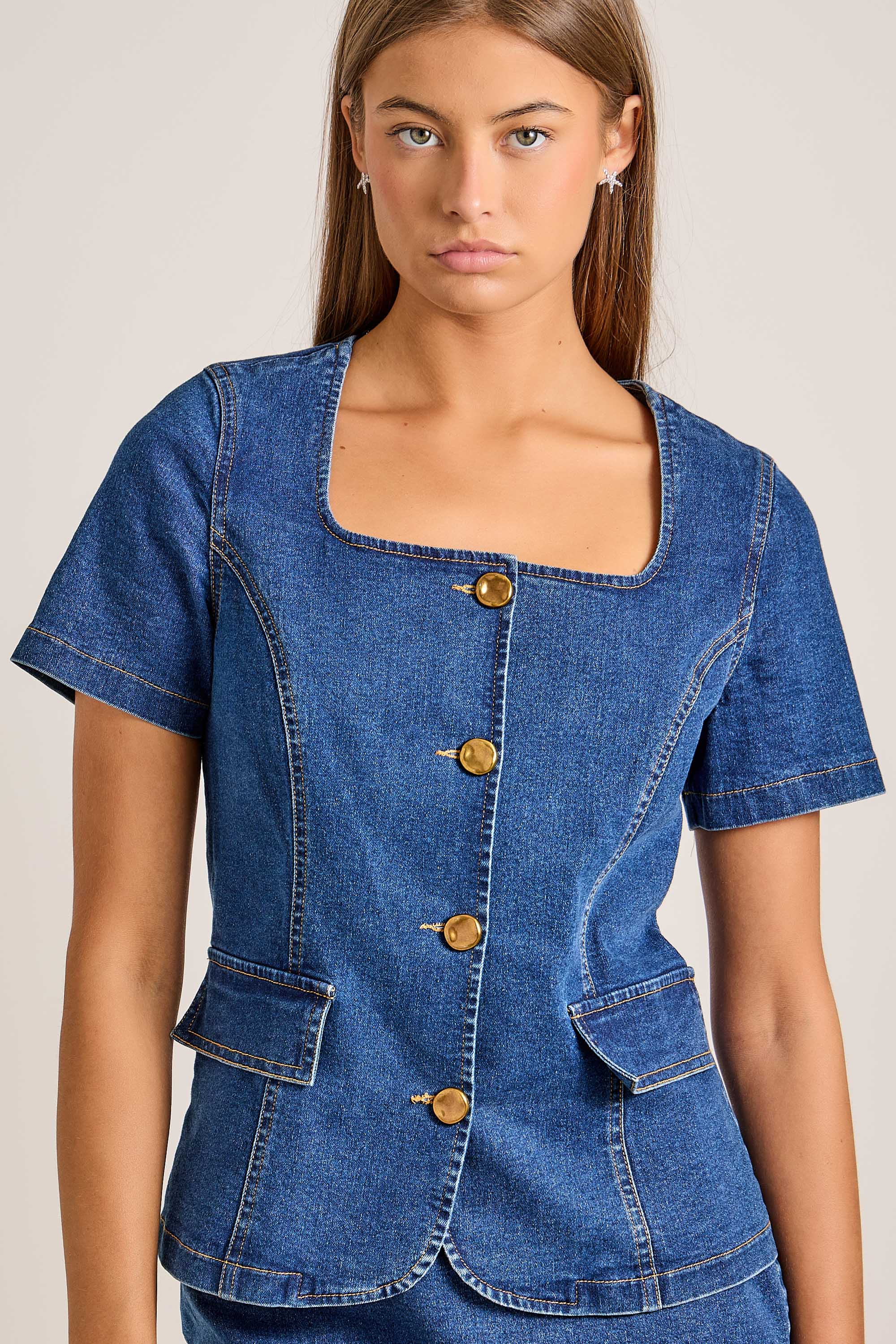 Tailored Square Neck Denim Top with Button Front