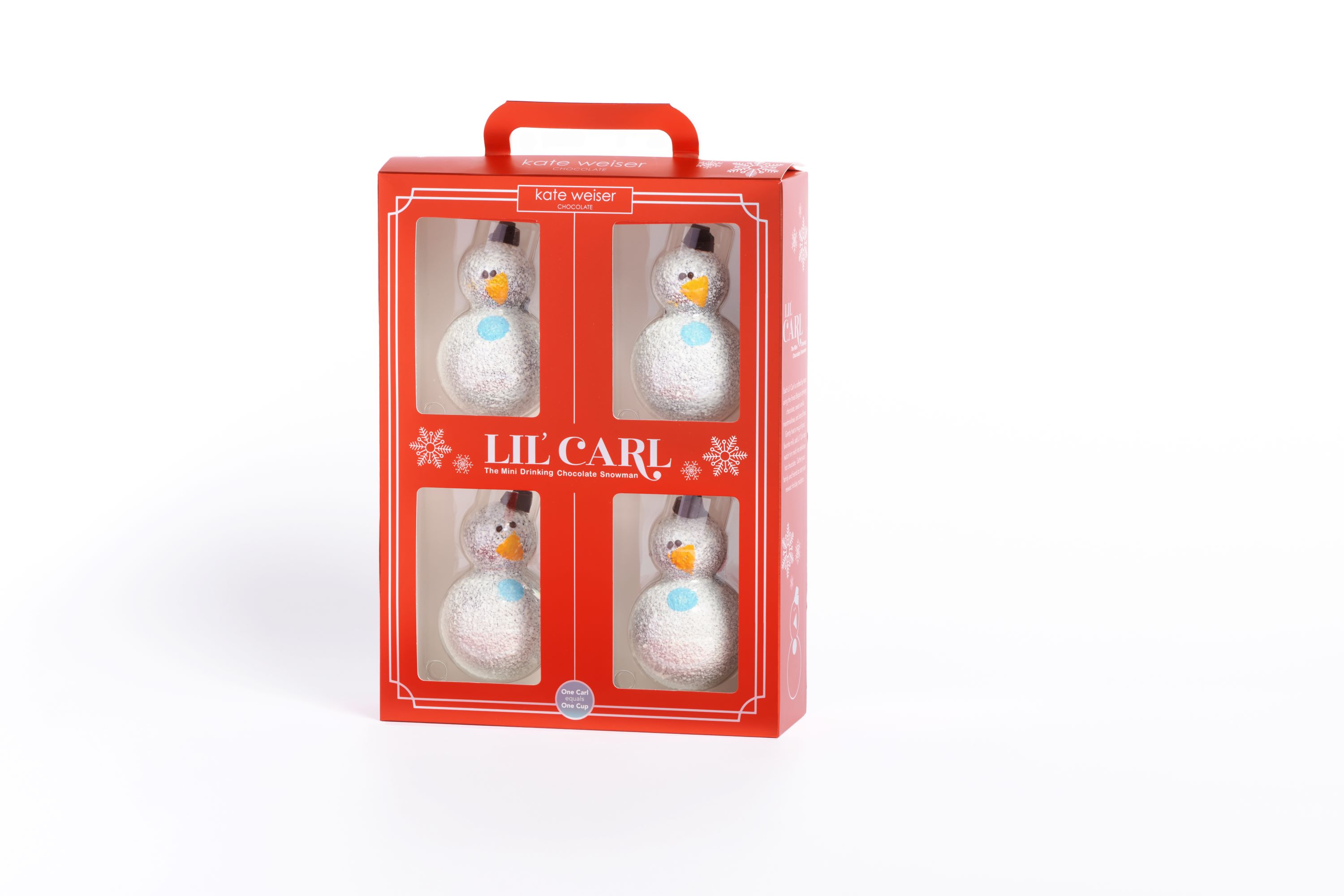 4 Lil' CARLS ready to be added to a mug of warm milk to create your favorite hot cocoa. 