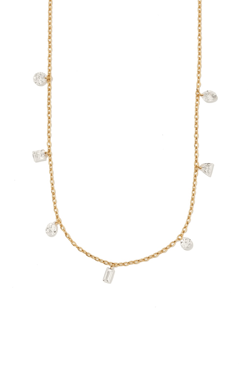 Alegra Clear Necklace features delicate crystal charms on a fine gold chain for effortless sparkle. Waterproof, hypoallergenic, tarnish-resistant, and perfect for everyday layering.