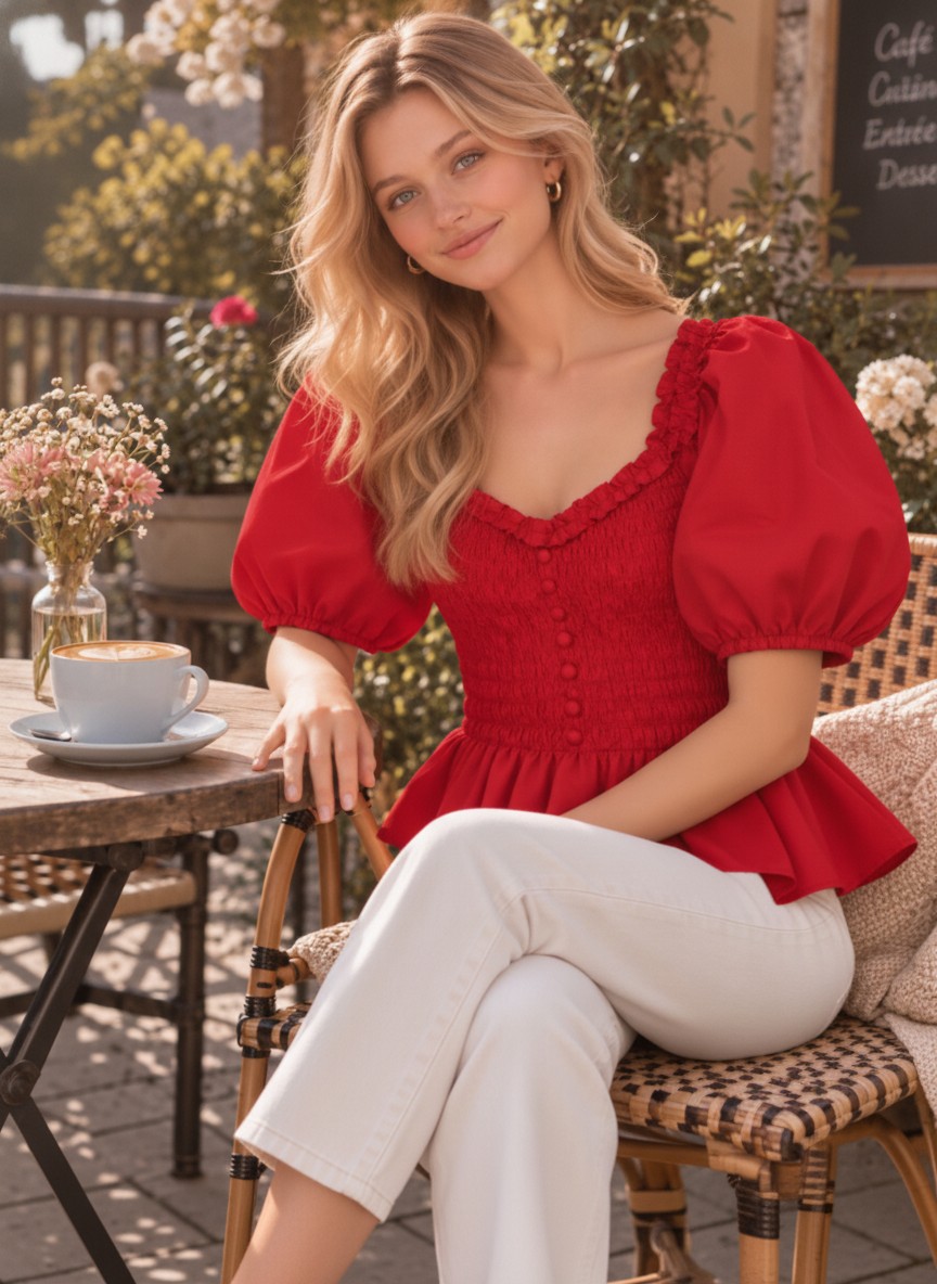 Ruffle detail puff short sleeves smocked top 