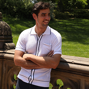 This full button shirt in White with a Navy trim, pocket and collar detailing, is a must-have for those looking for that classic Italian look.