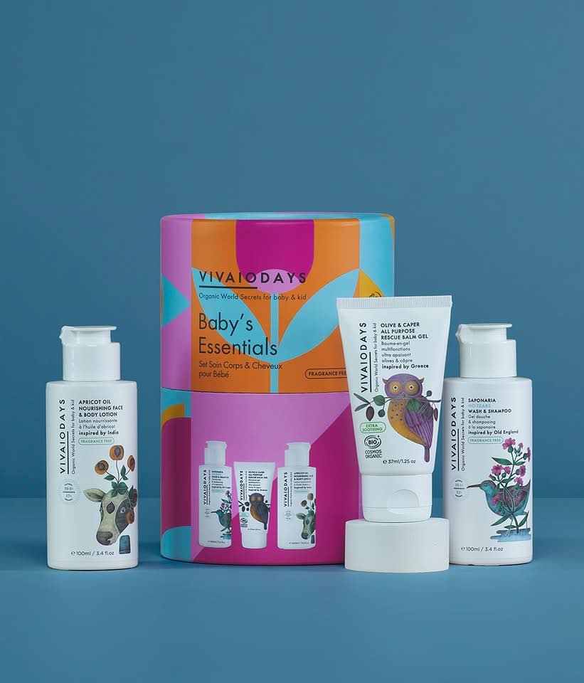 Shelf-ready organic care set with lotion, tearless wash & shampoo, and extra-soothing rescue balm. Fragrance-free, sensitive-skin focused, and giftable for baby boutiques and specialty retail.