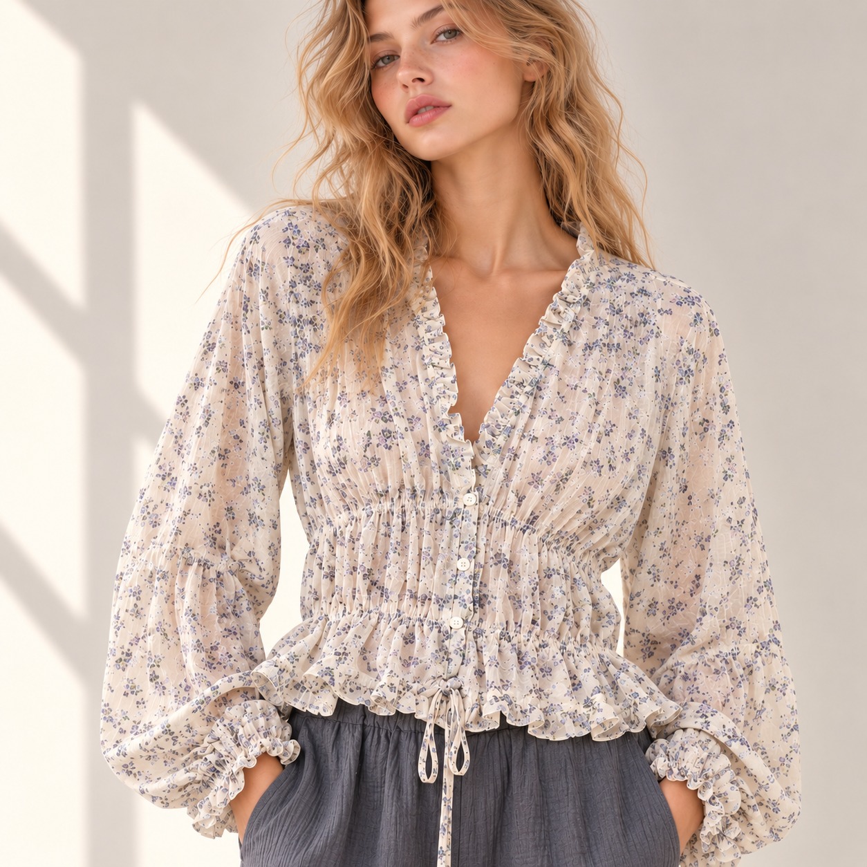 Romantic ditsy floral blouse in sheer lightweight fabric. Features a ruffled V-neck, button front, balloon sleeves, smocked waist, and ruffle hem for a soft, feminine vintage-inspired look.