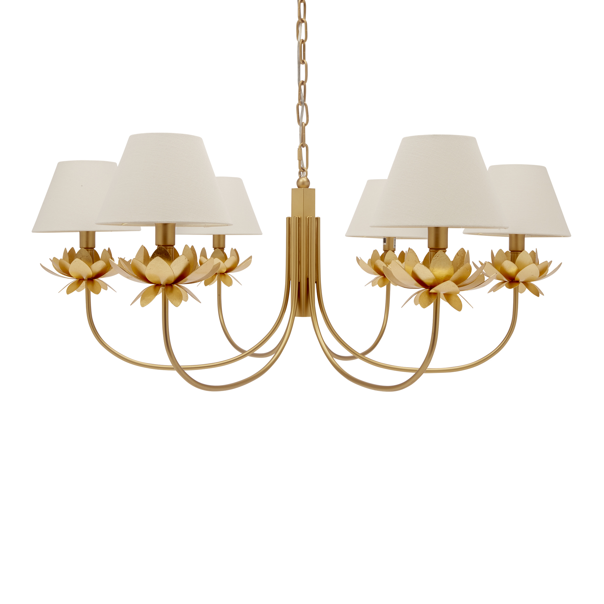 MALLORY CHANDELIER WITH GOLD LEAF FINISH & WHITE LINEN SHADES