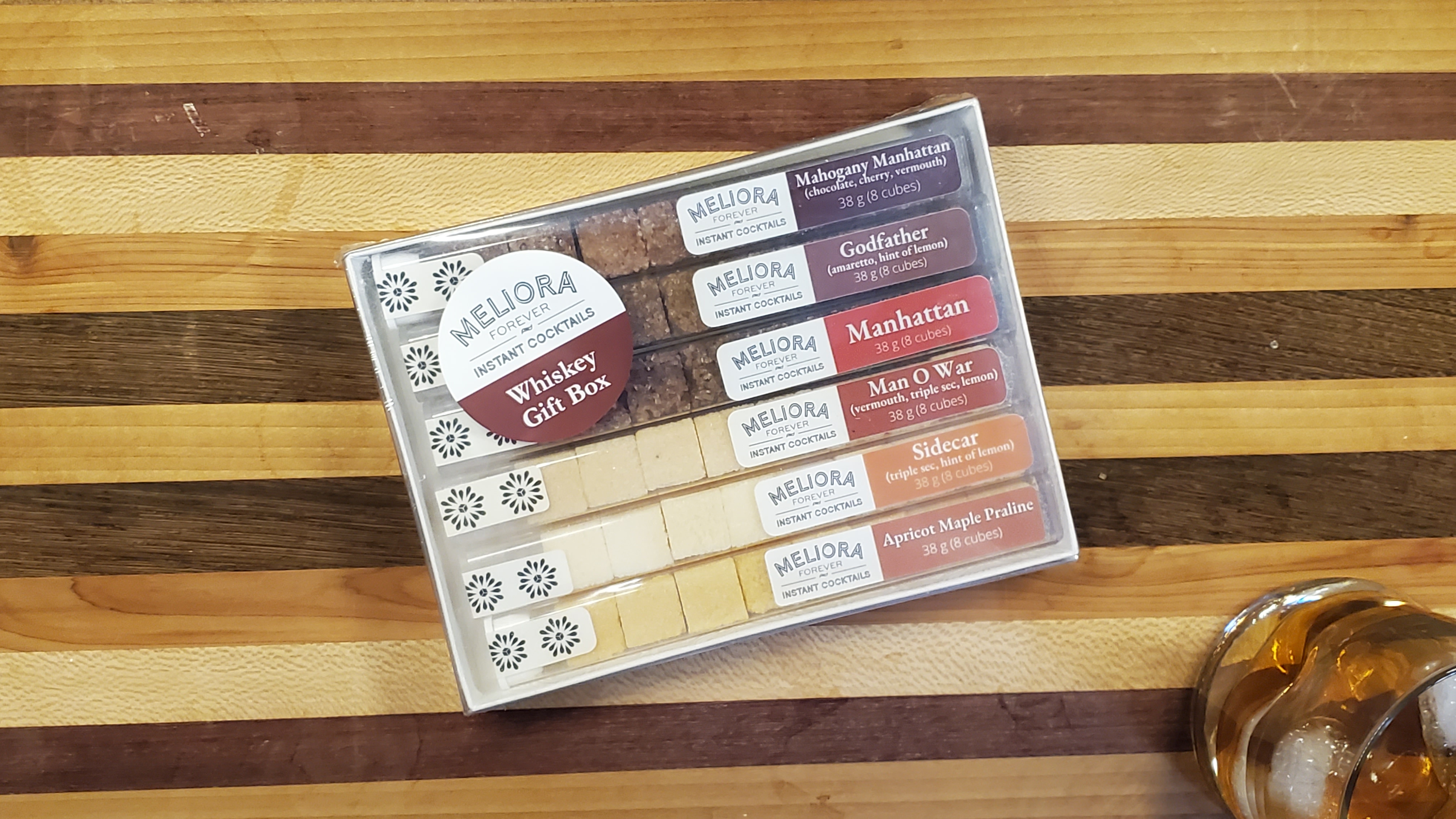 Includes shrink wrapped box containing all 6 Whiskey Cocktail Flavors