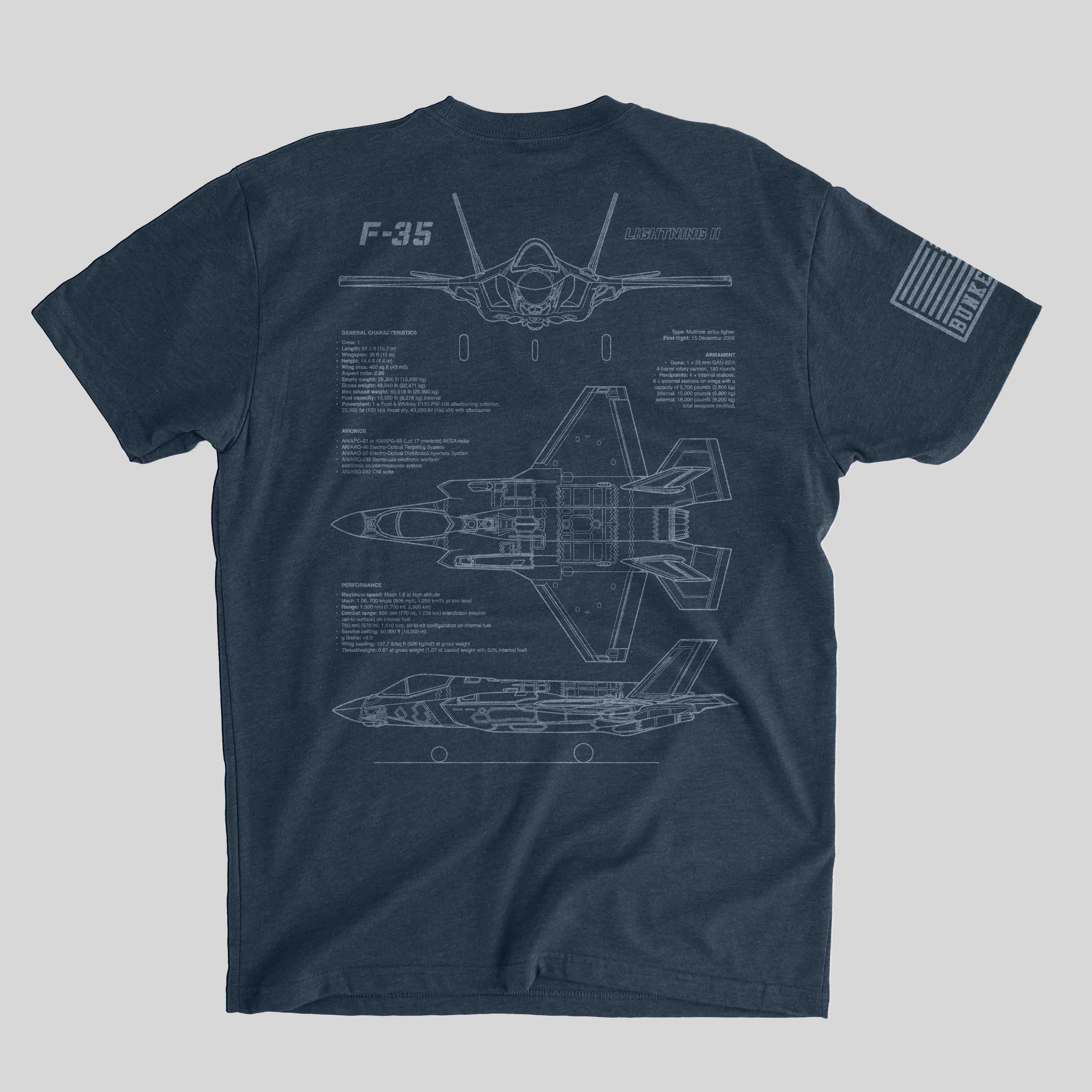 Licensed Lockheed Martin® F-35 blueprint graphic tee. Clean, technical design with strong appeal to aviation, STEM, and design-focused customers.