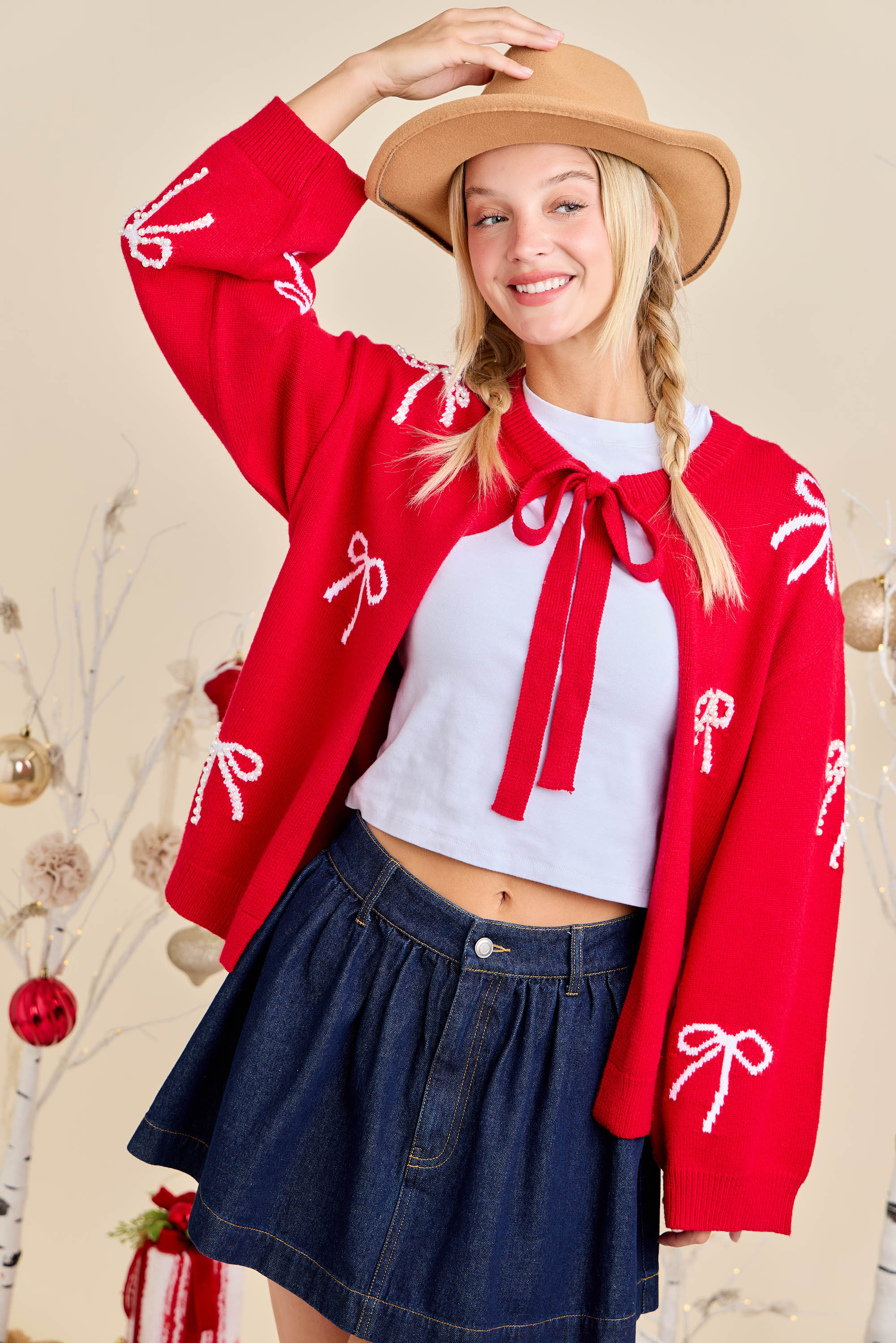 Neck Tie Open Knit Cardigan With Ribbon Bow And Pearl Trim Stud Detail