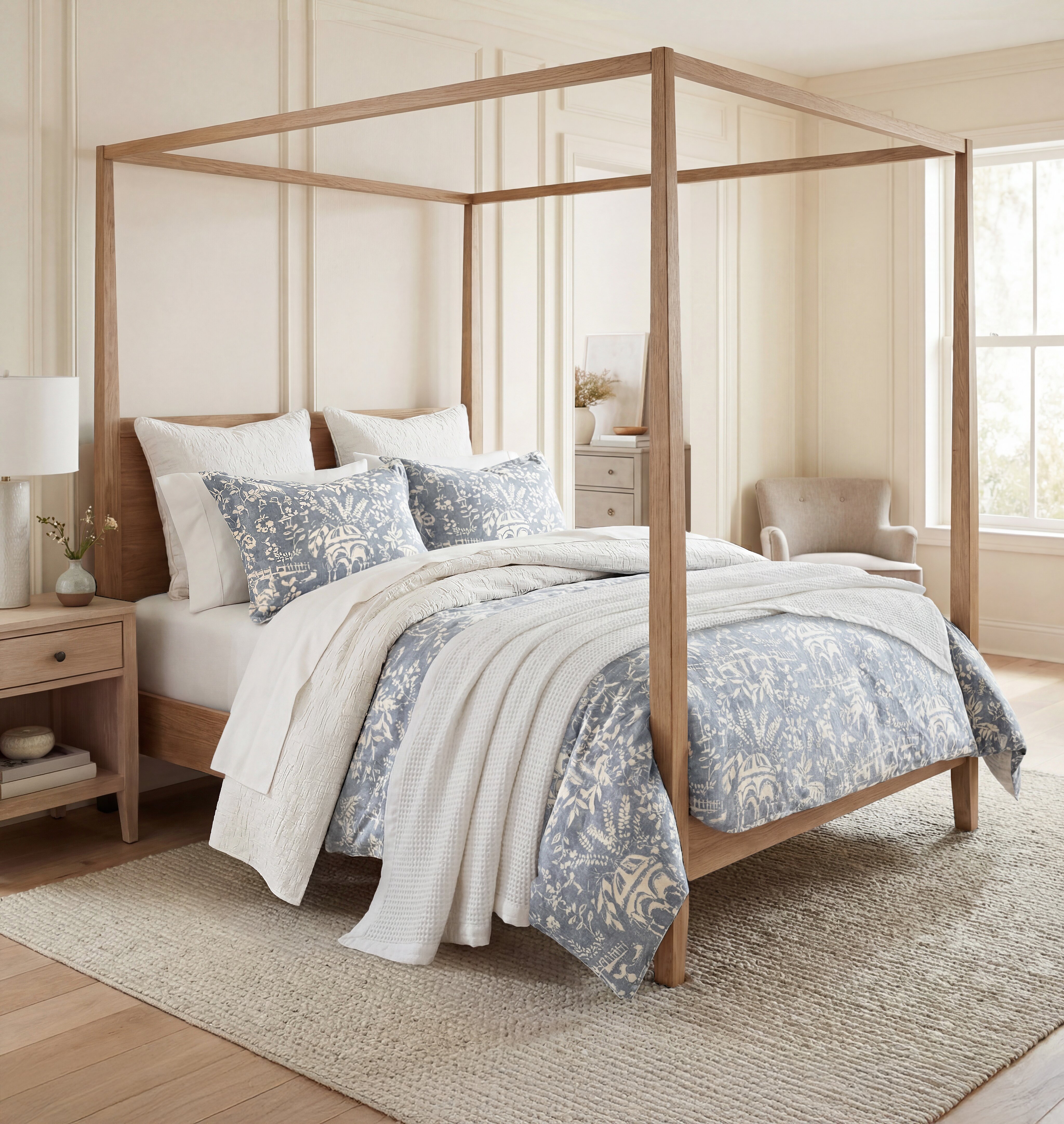 Soft washed linen blend with vintage European arches, trailing botanicals, and hidden bird motifs in muted hues for relaxed, all-season comfort and quiet Old-World romance.