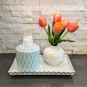 Blue and White Blockprint Decorative Ceramic Tissue Vessel