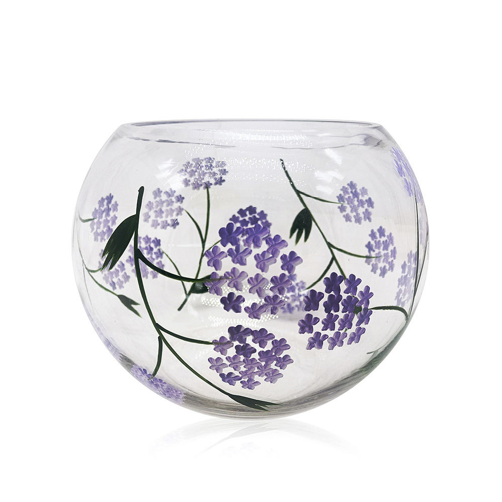 Glass bubble glass with hand painted purple lilacs.