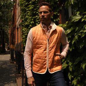 Our quilted vest is comfortable and lightweight. We have enhanced the look of it with a double zip closure, zipper pockets and accenting reinforced collar buttons.