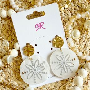 White pearl acrylic sand dollar dangle with a golden wavy top. The perfect earrings to wear while searching for seashells down by the seashore!