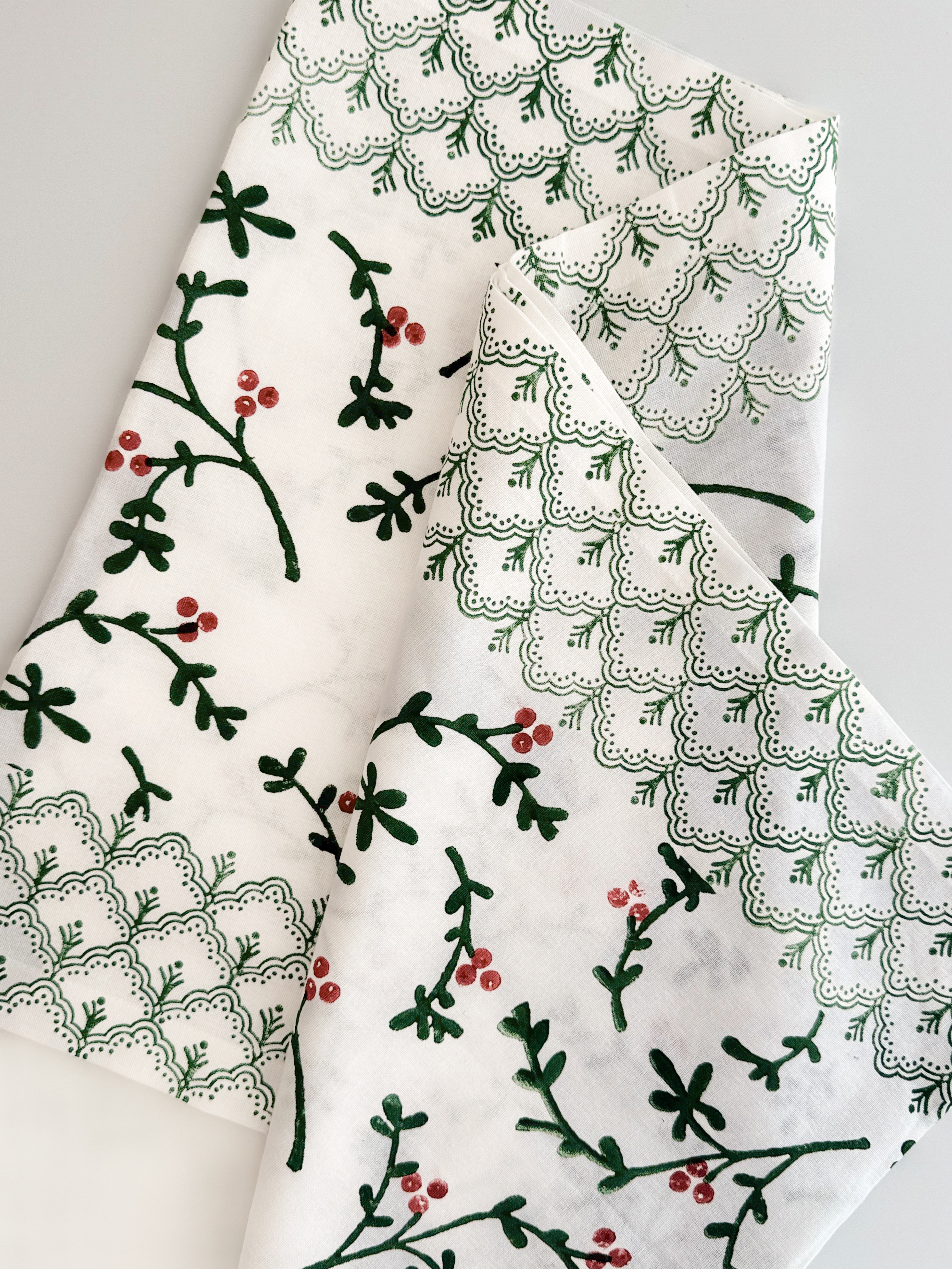Classic Christmas in 2 color ways; Red & Evergreen or Light blue & Sage, in table runner, table throws, organic napkins or tea towels.
