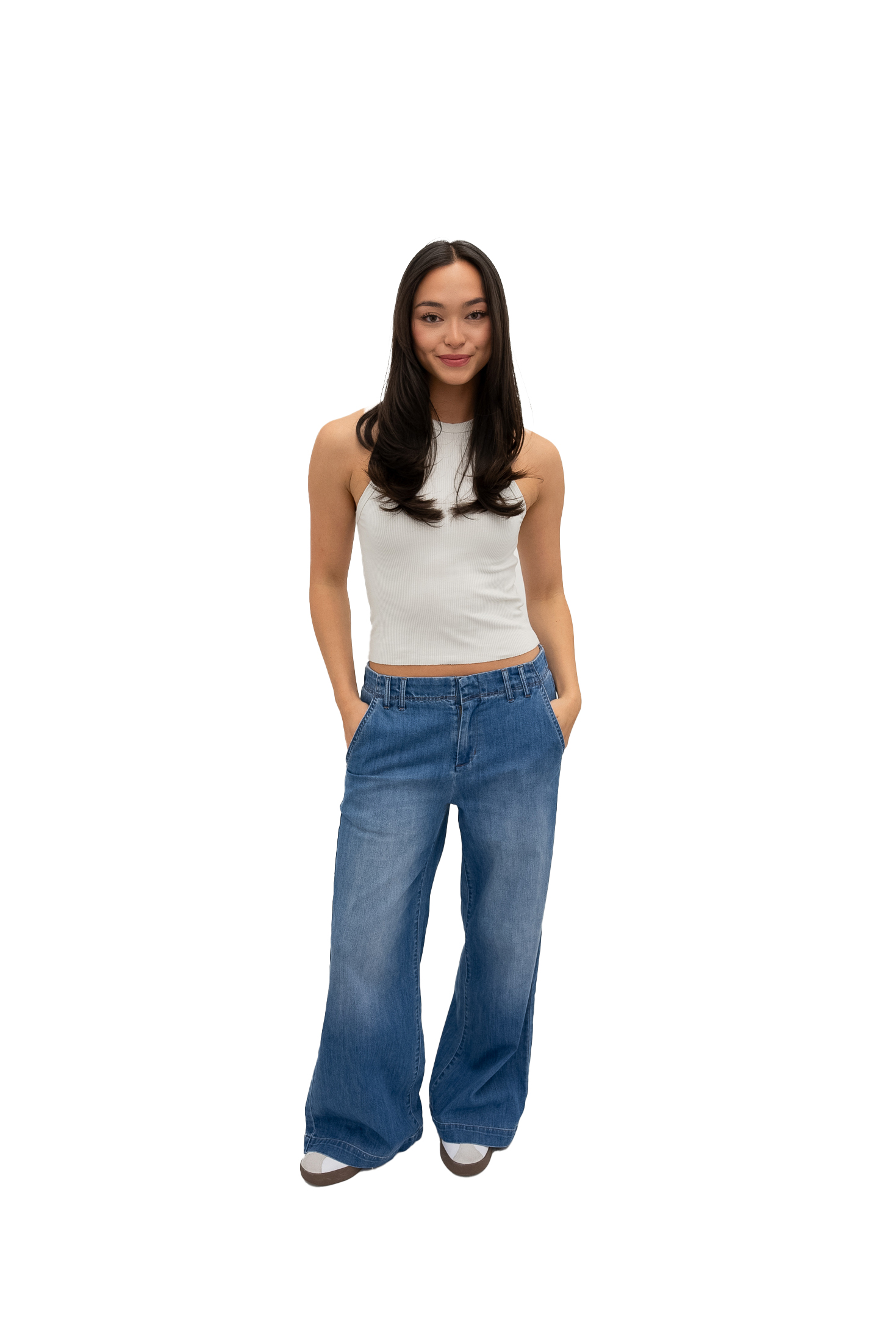 You don't want to miss our brand new slim wide leg in an our soft chambray fabric. We are so obsessed with the fit of these!