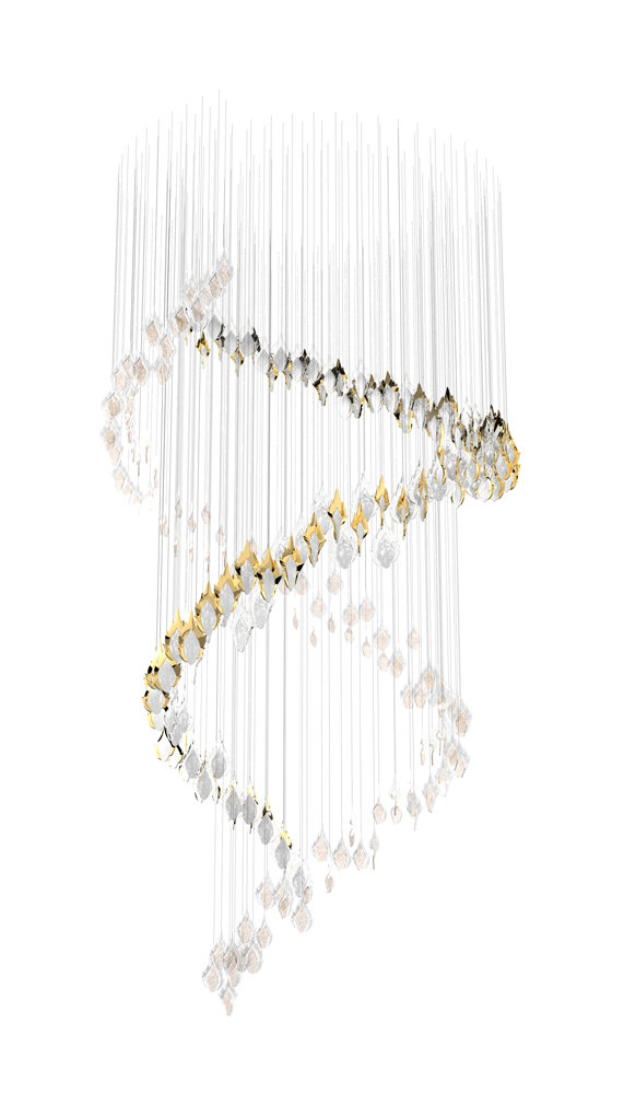 FLAME 9 Color: All finishes Diameter: 2300 mm (90,55 in) Height: 3800 mm (149,61 in) Weight: 114 Kg Light source: 22 x GU10