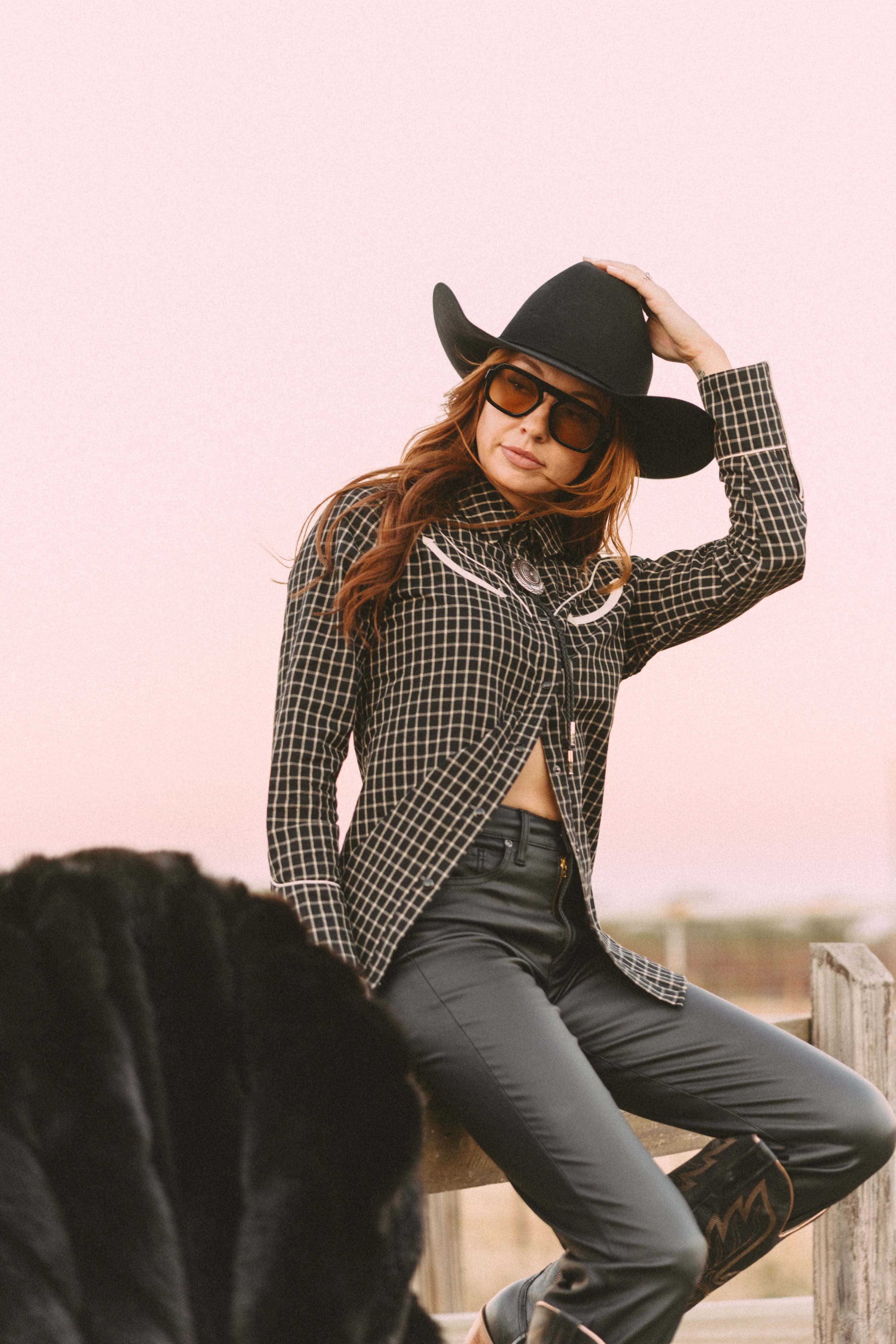 MOD Western Button Blouse with plaid print, pearl snaps & contrasting details