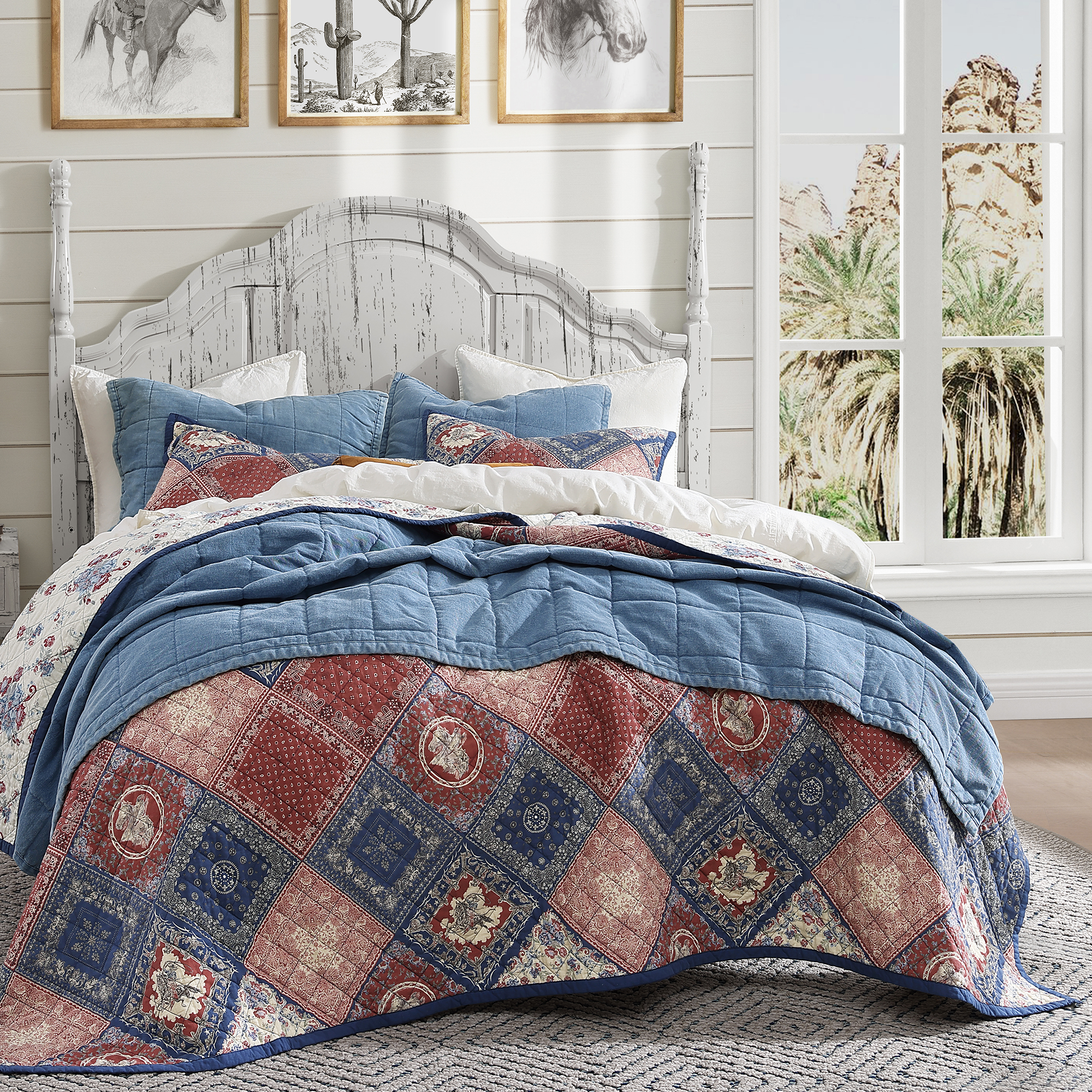 Traditional bandana paisley patterns are masterfully arranged in a bold patchwork design, showcasing warm reds, neutral creams, and cool blues.