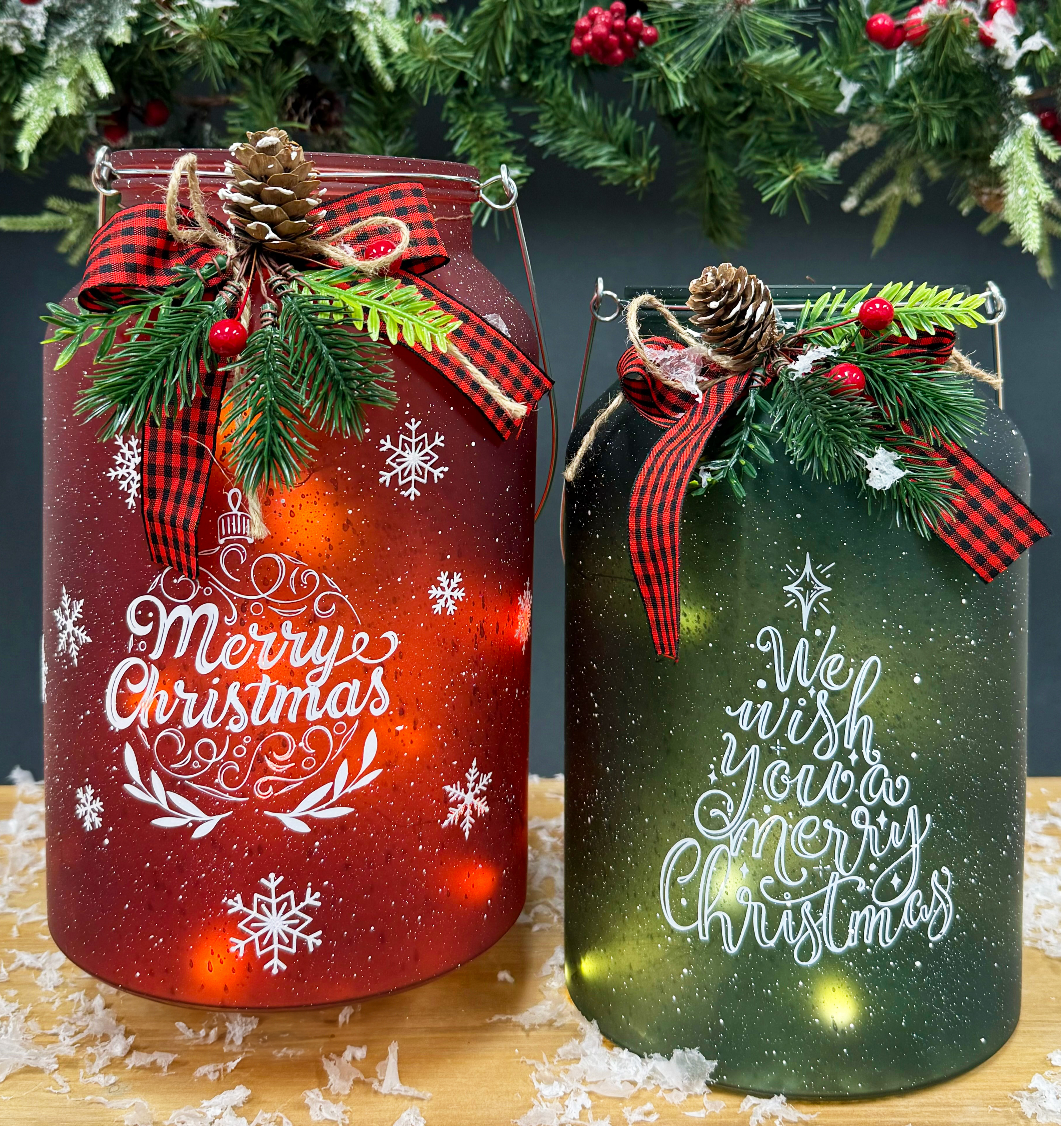 12" Christmas Trimmed Glass  Canisters  with LED String lights