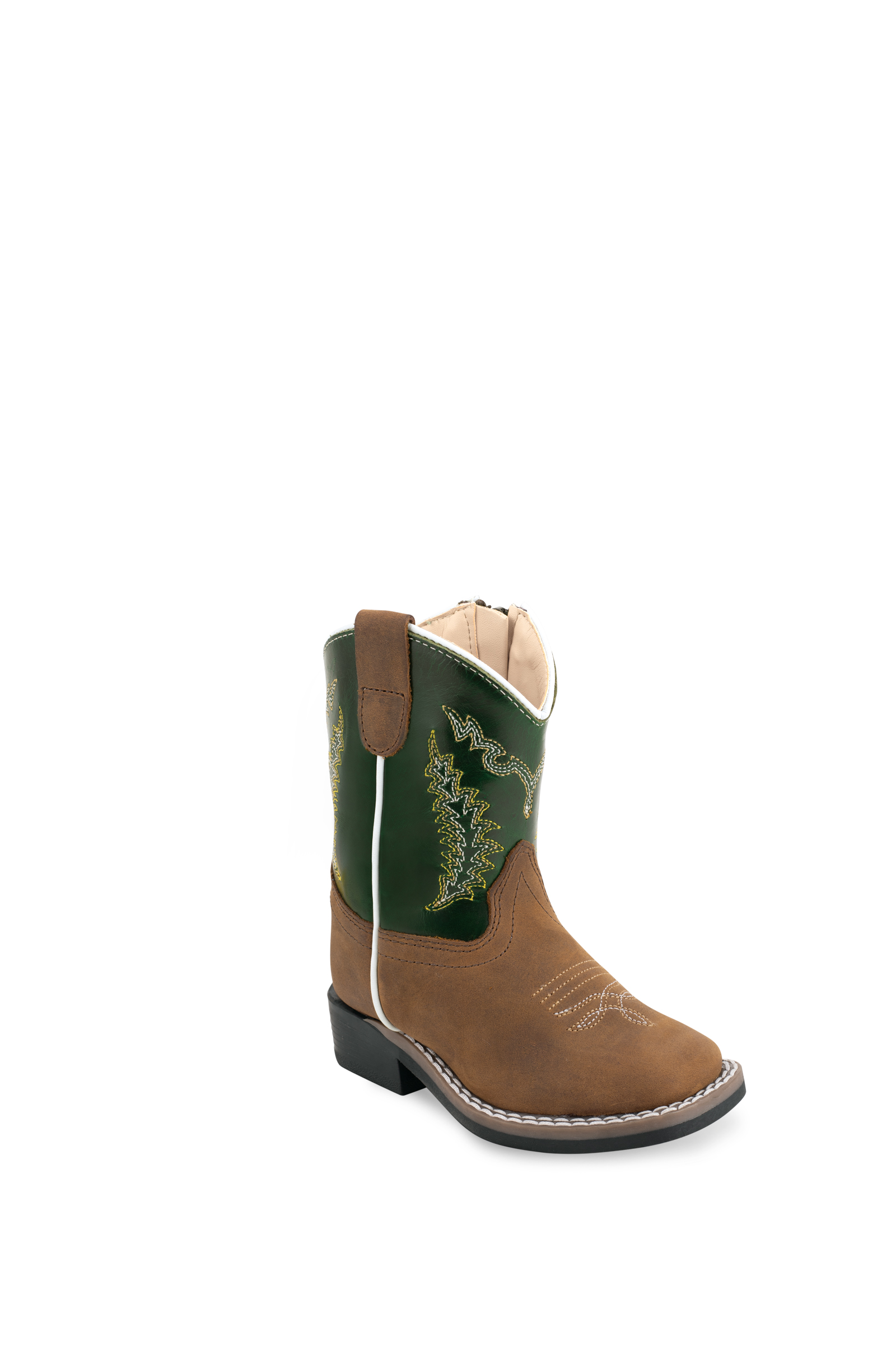 All over leather foot & shaft, 3 – row fancy stitch with medallion, natural welt, white double row welt stitch, with side zipper, broad square toe and TPR outsole.(Toddler's)