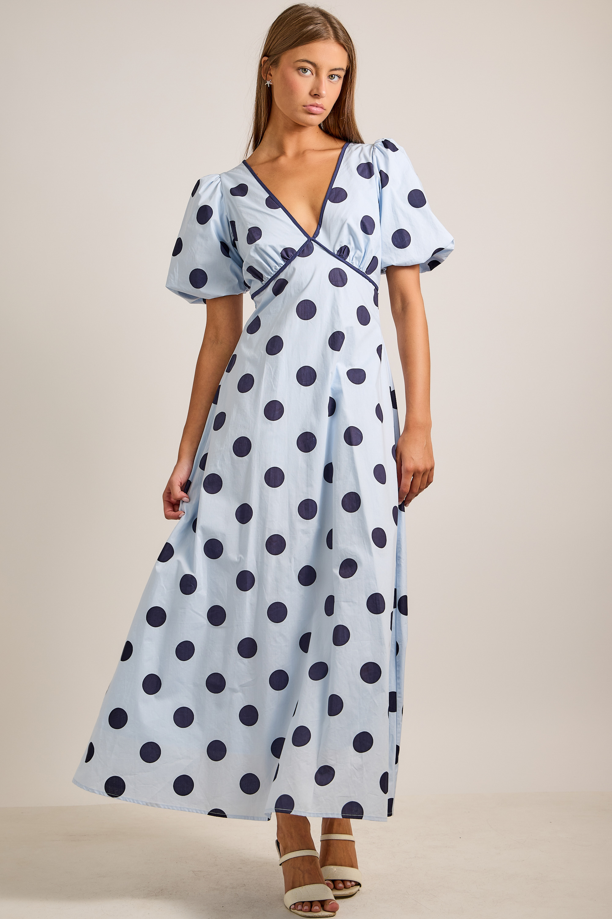 Deep V-neck Maxi Dress With Bubble Sleeves