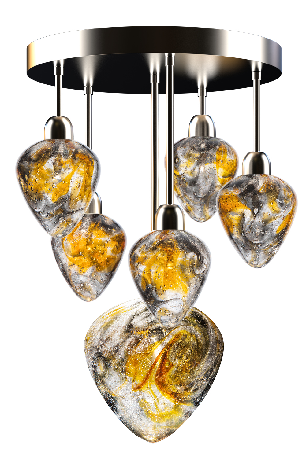  AMULET 4  Color: crystal + amber  + neutral grey  Diameter: 400 mm (15,75 in)  Height: 550 mm (21,65 in)  Weight: 7,2 kg  Light source: 6 x G4