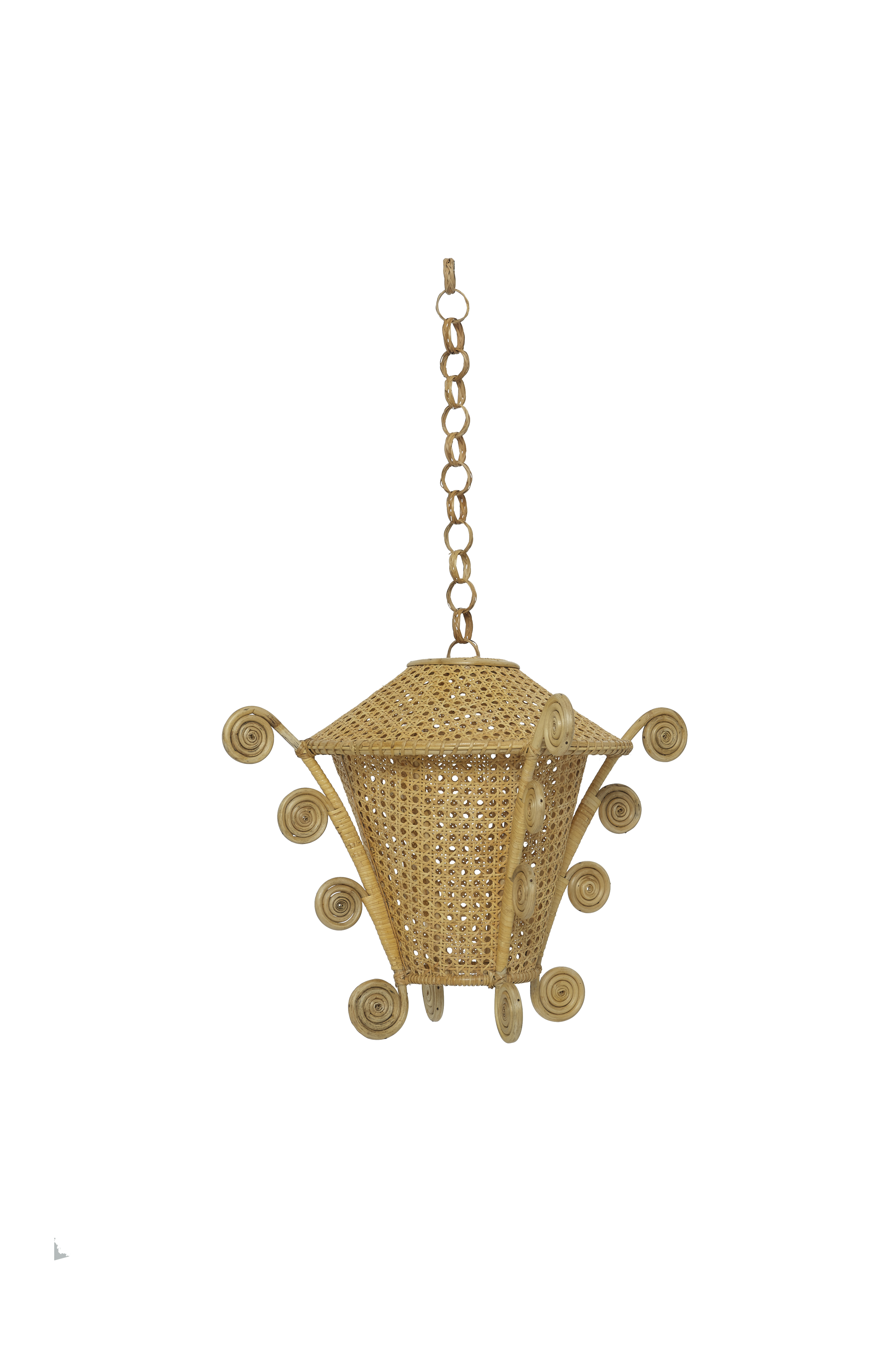 Handwoven in India, this rattan pendant casts dappled geometric light through its open cane lattice, framed by eight hand-coiled spirals that make it unmistakably sculptural.