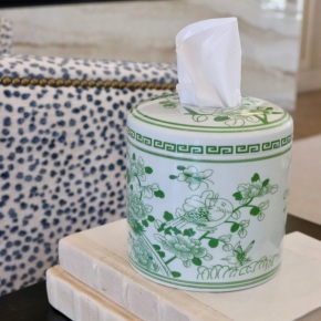 Green and White Decorative Ceramic Tissue Vessel
