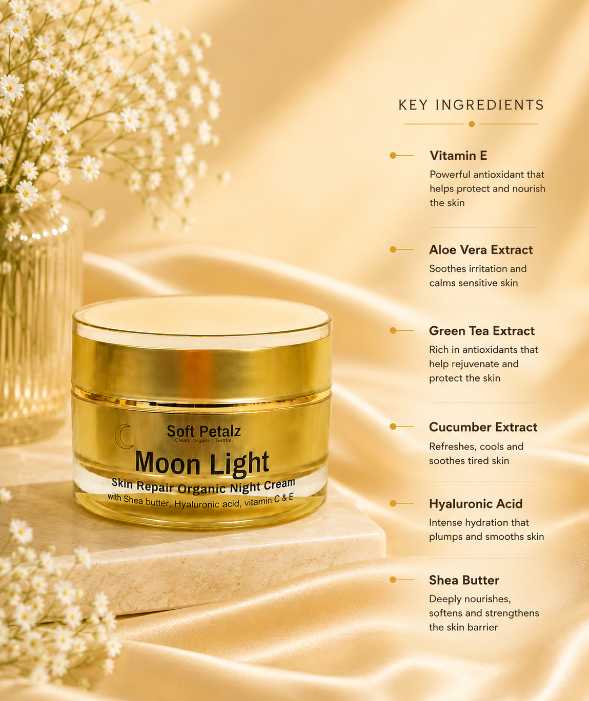 Moonlight is a deeply nourishing nighttime skin repair cream, created to restore, hydrate, and rejuvenate the skin while you sleep. Handcrafted with precious botanical oils and calming plant extracts.