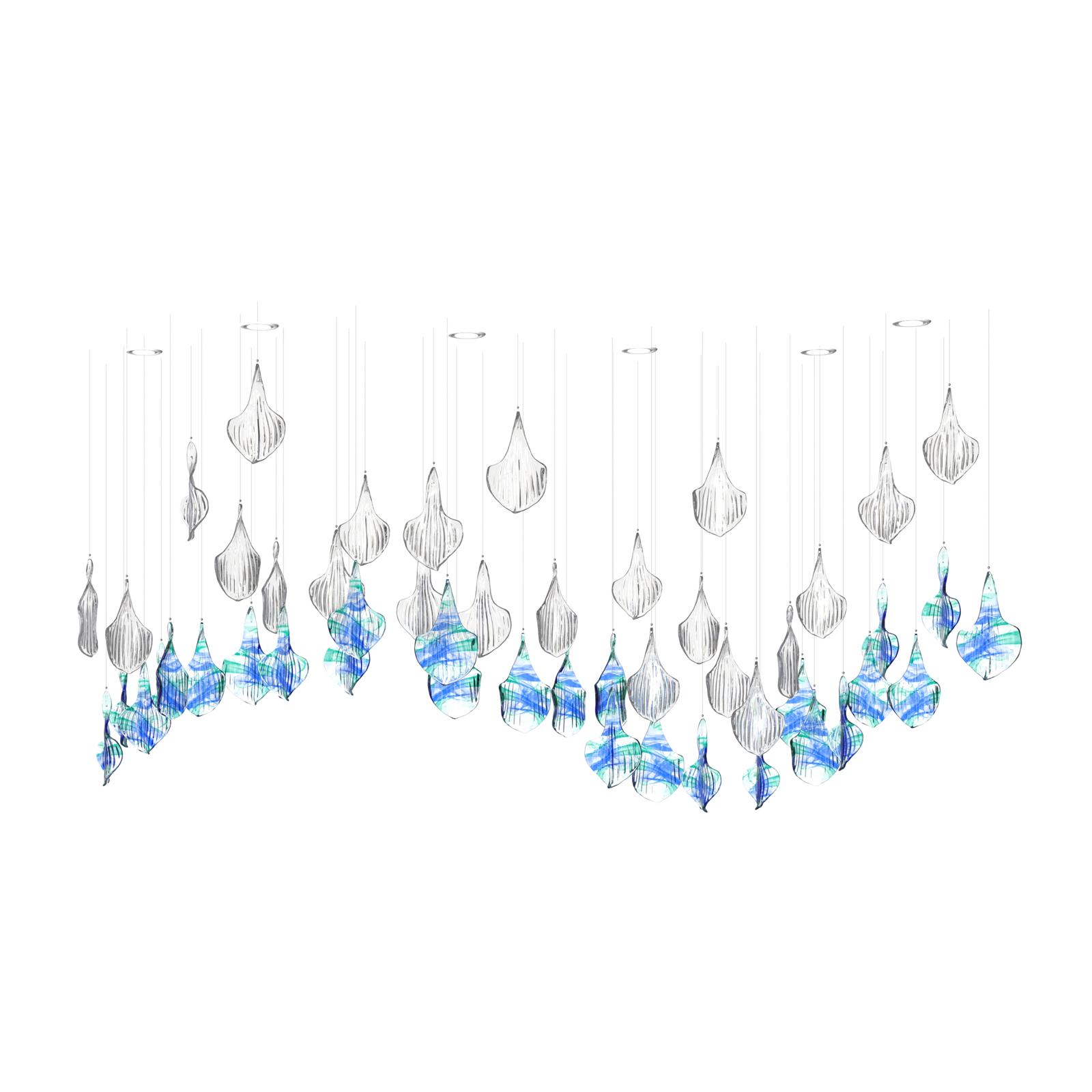Color: crystal + ocean green + medium blue + optical pattern/crystal Length: 2000 mm (78,74 in) Width: 800 mm (31,50 in) Height: 900 mm (35,43 in) Weight: 16 kg  Light source: 6 x GU10