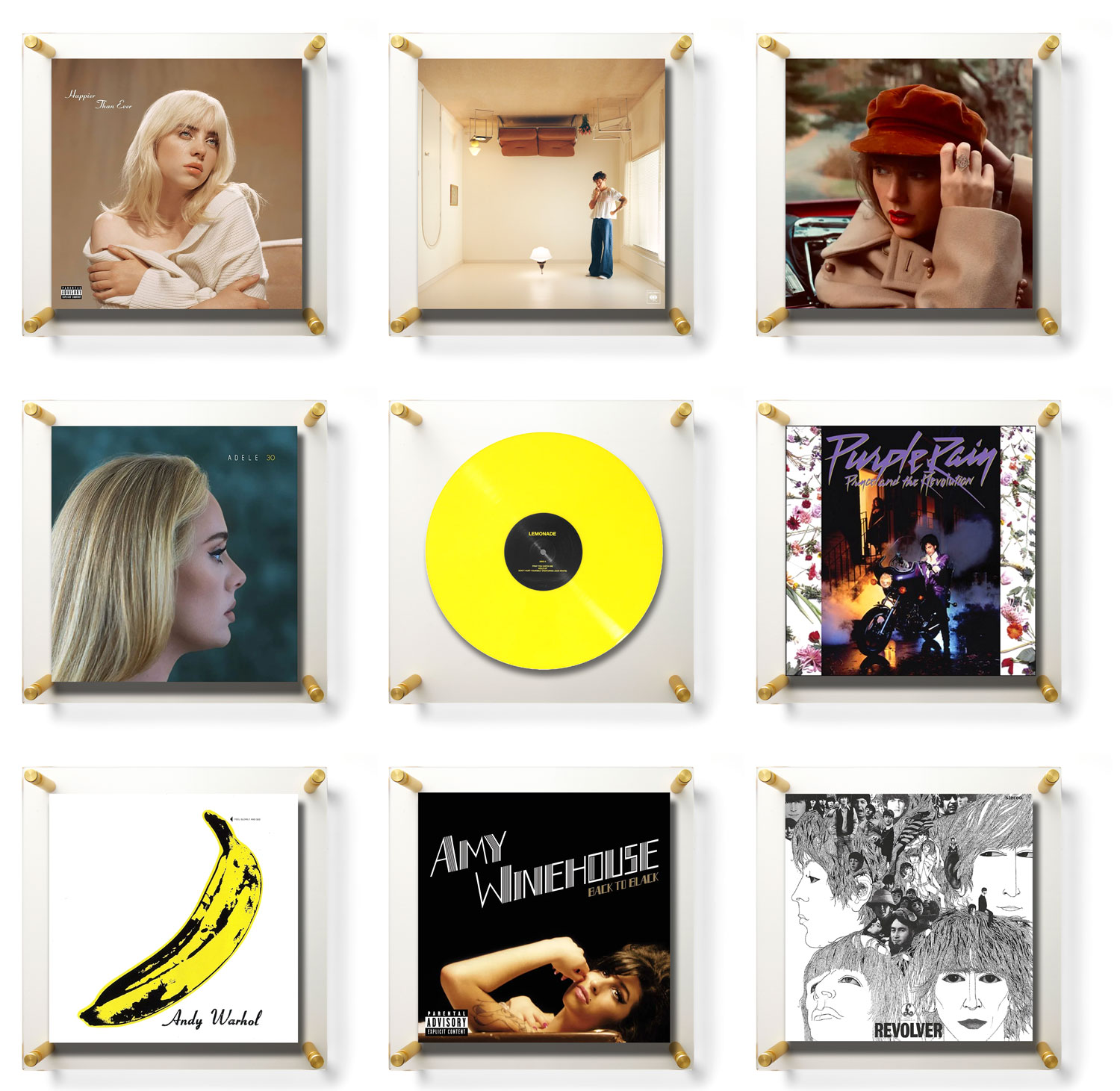 Showcase 9 records in 15x15" double panel frames with laser-cut mats—8 for album covers, 1 for picture vinyl—perfect for music lovers and collectors.