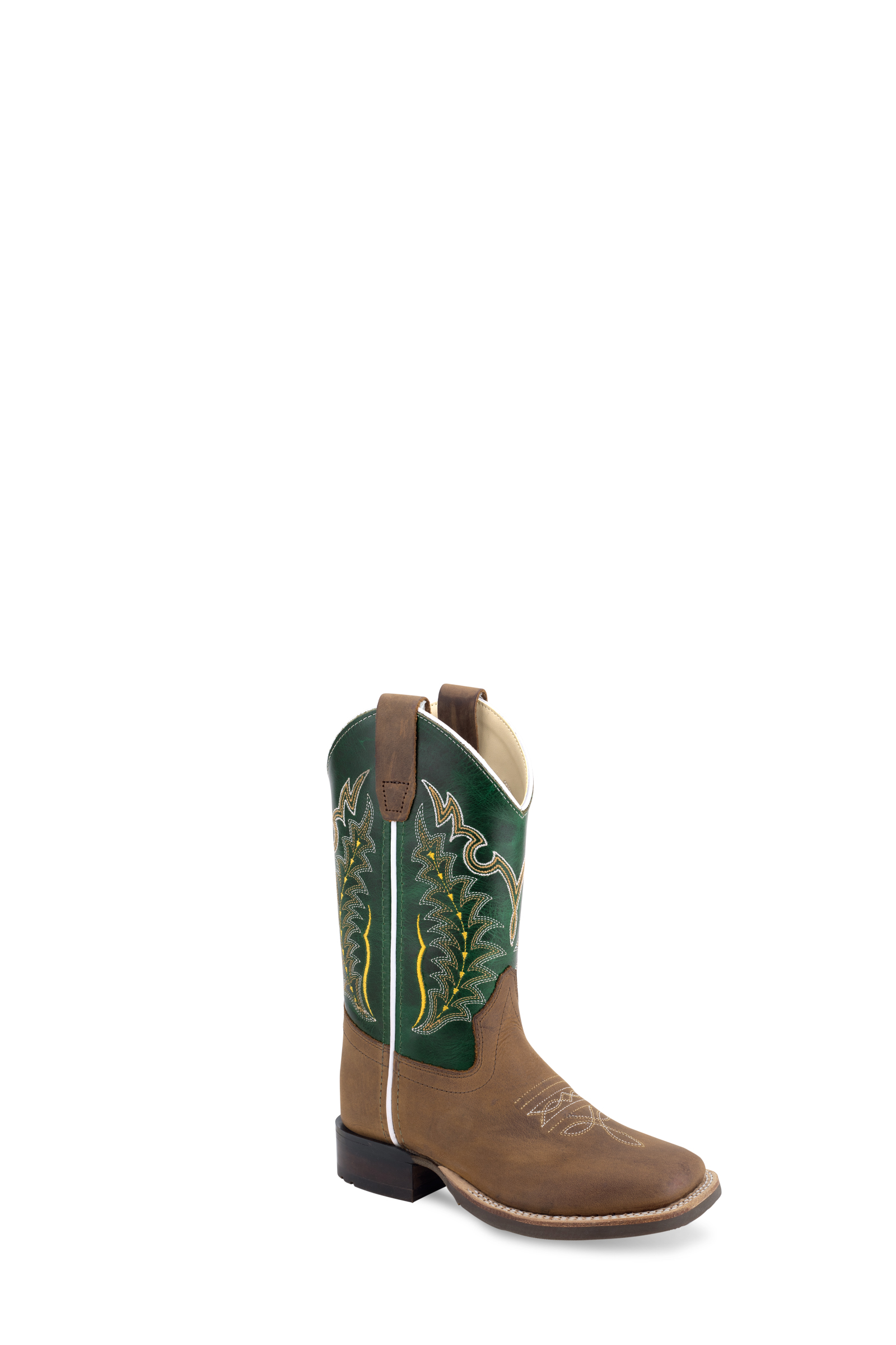 All over leather foot & shaft, 4 – row fancy stitch, reinforced shanks, hand corded medallion, 3/4 natural leather welt, Goodyear welted, cushion insole, broad square toe and rubber outsole.