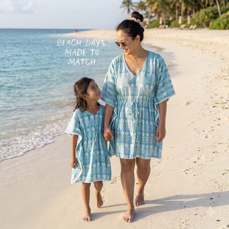 Handmade women’s block print beach cover-up in breathable cotton, featuring adjustable ties and playful pom-pom trim. Perfect for resortwear, vacations, and matching Mommy & Me looks.