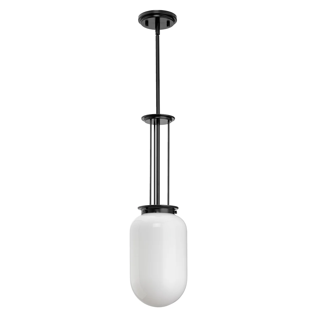 A polished capsule-shaped opal glass shade diffuses a soft, radiant glow