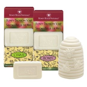 Honey Blossom Soap—luxurious, triple-milled bars in sizes from mini to beehive.