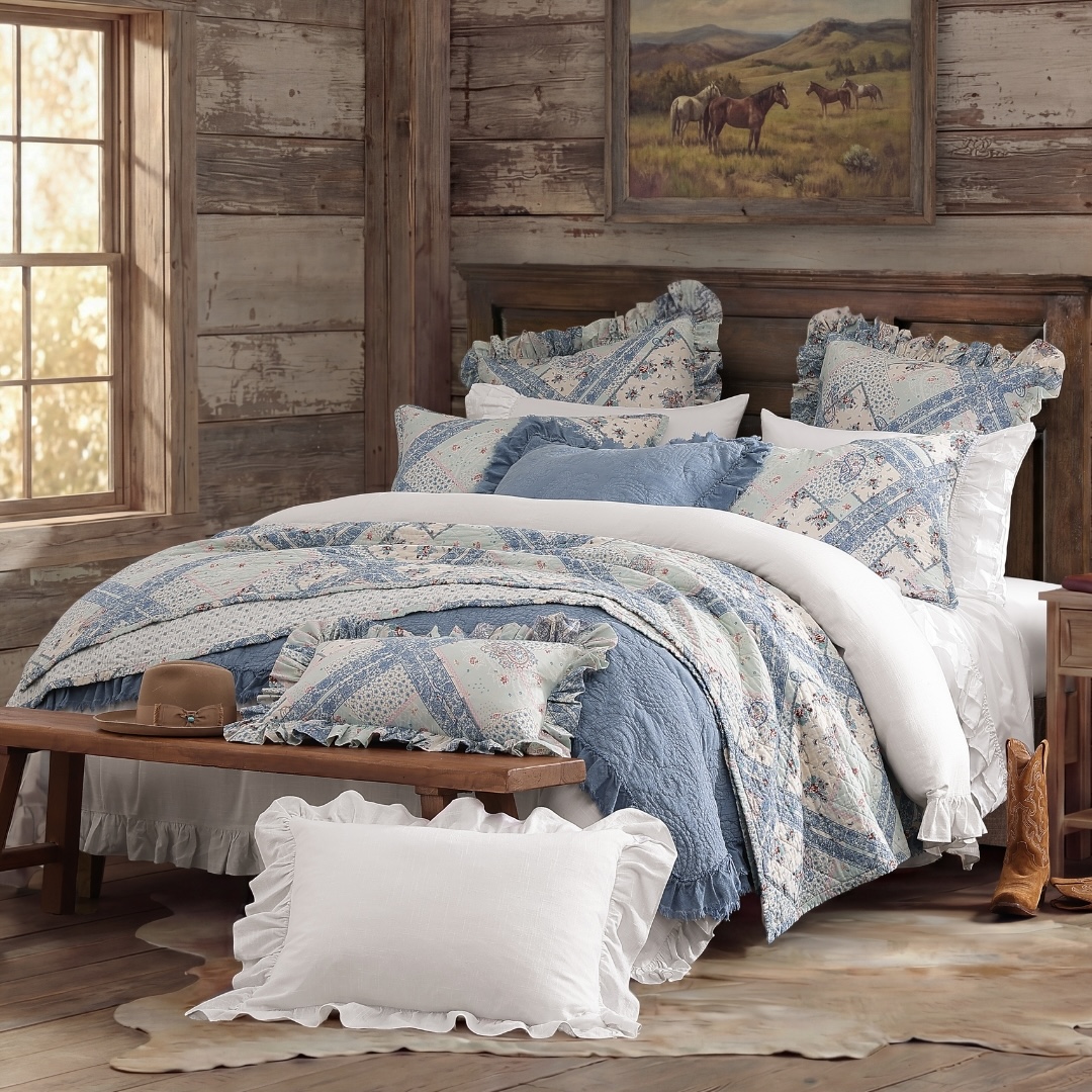Timeworn florals and bandana motifs are pieced into a graceful design evoking a treasured heirloom. Breathable cotton, quilted for durability and a relaxed drape.