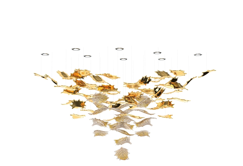 HOLLY LEAF 8 Color: crystal + champagne + gold mica/crystal + crystal + gold Length: 1850 mm (72,83 in) Width: 850 mm (33,46 in) Height: 930 mm (36,61 in) Weight: 27 Kg Light source: 8 x GU10