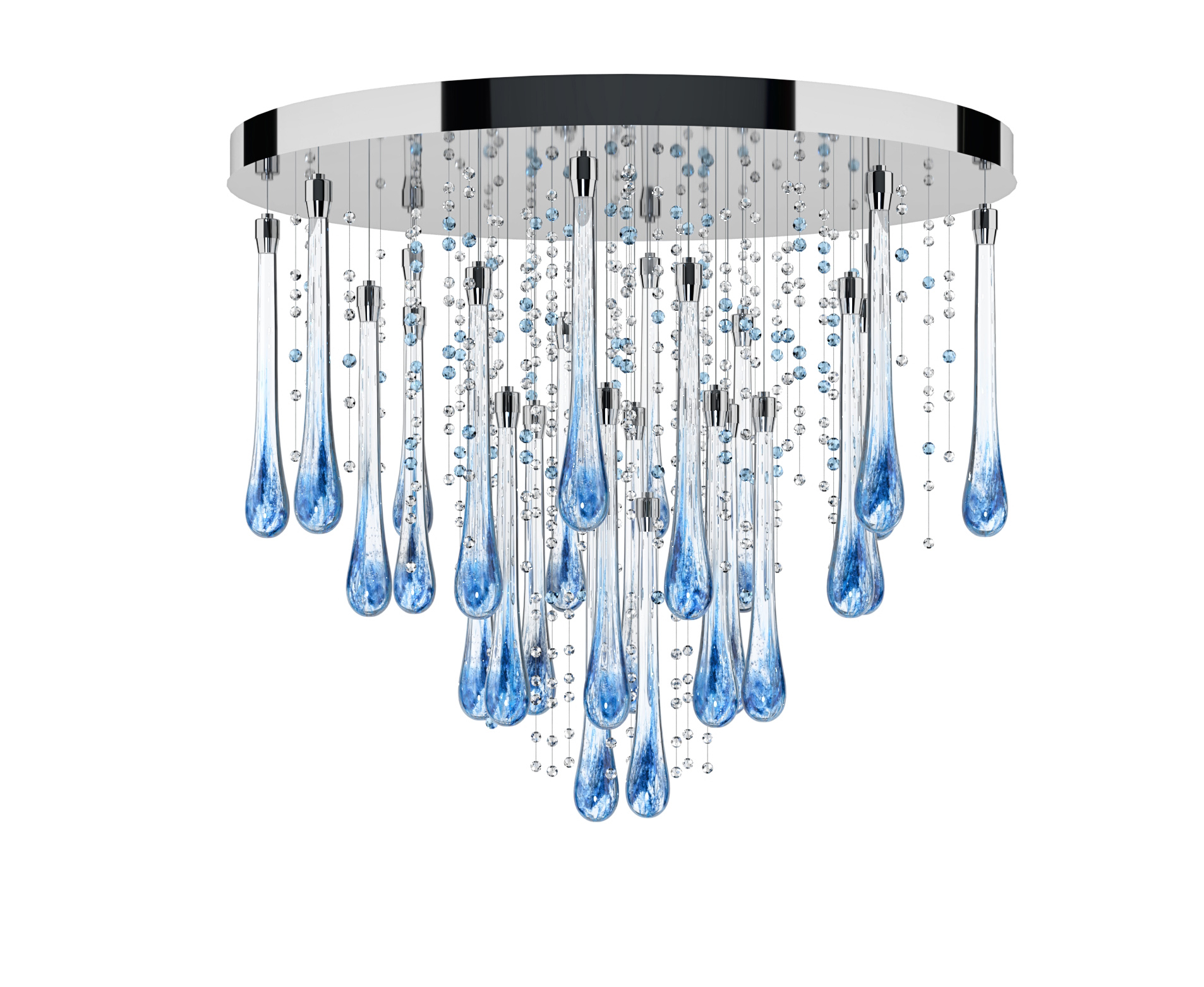  Color: crystal + middle blue + turquoise + soda Diameter: 700 mm (27,56 in) Height: 600 mm (23,62 in) Weight: 12 kg Light source: 26 x LED chip