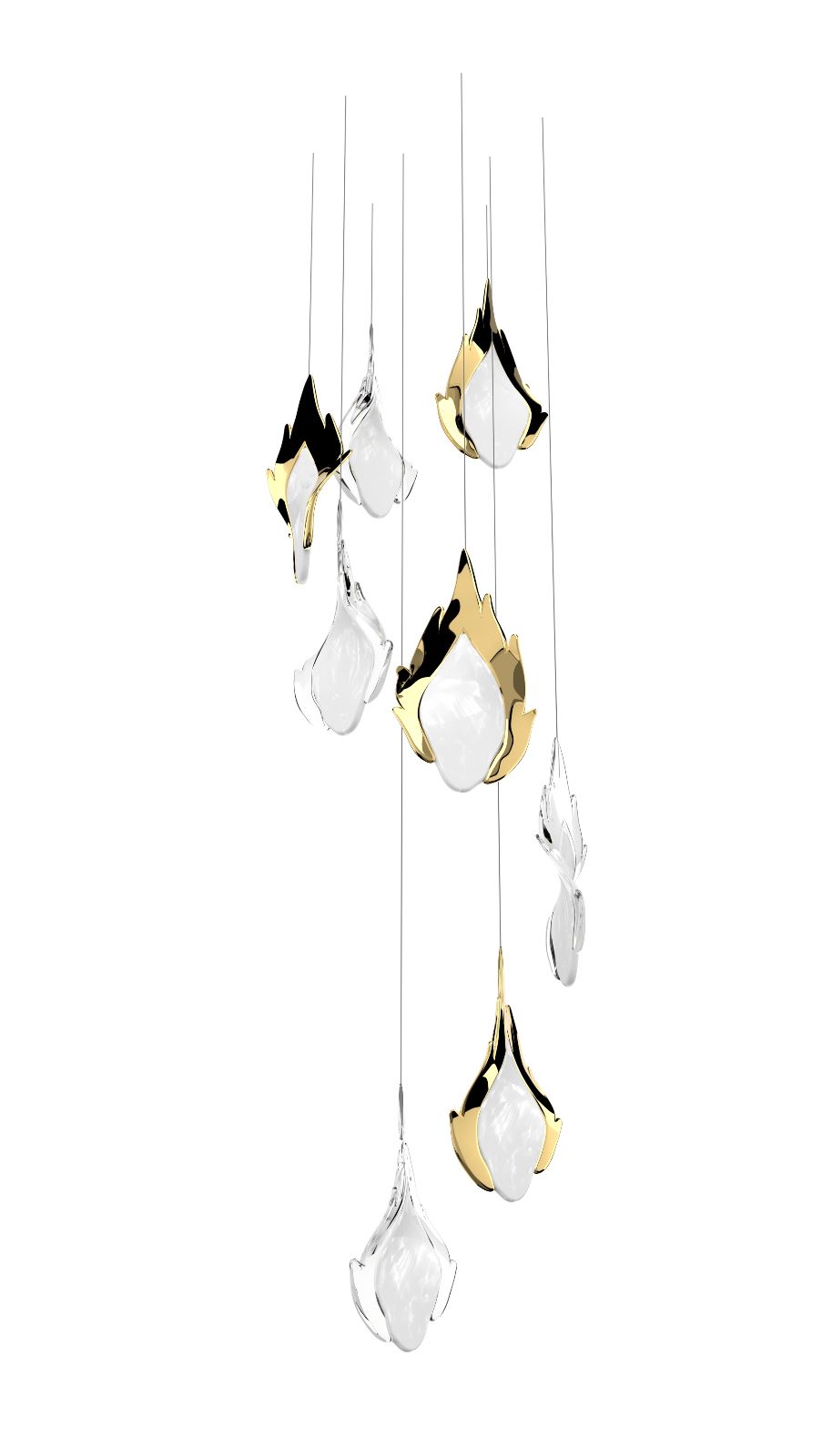 FLAME 4 Color: crystal opal mist + crystal/crystal opal mist + gold Diameter: 360 mm (14,17 in) Height: 1200 mm (47,24 in) Weight: 4 Kg Light source: 2 x GU10