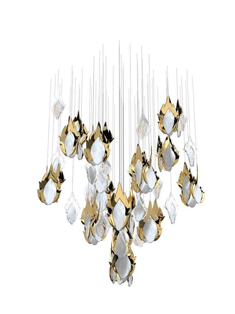FLAME 7 Color: crystal opal mist + crystal/crystal opal mist + gold Diameter: 1000 mm (39,37 in) Height: 1100 mm (43,31 in) Weight: 33 Kg Light source: 16 x G9 + 4 x GU10