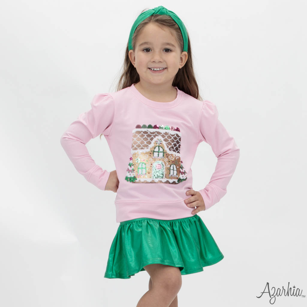 Sequin Gingerbread House and Green Shimmer Skort